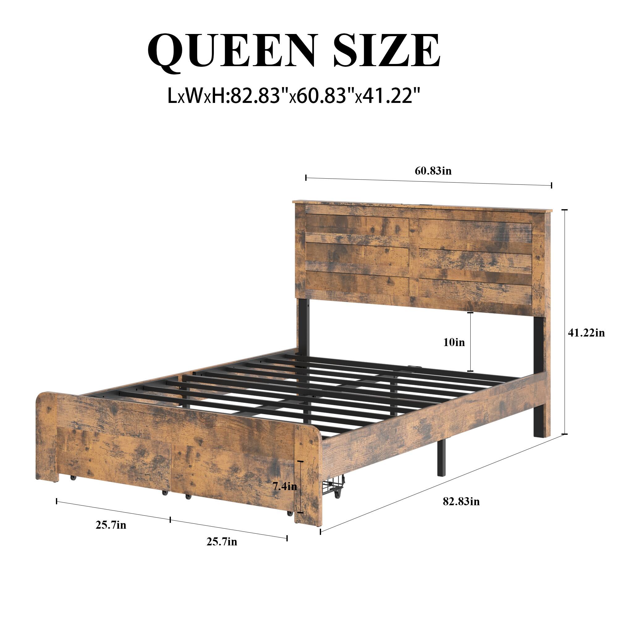 QUEEN SIZE  
LxWxH: 82.83" x 60.83" x 41.22"  
- Length: 82.83in  
- Width: 60.83in  
- Height: 41.22in  
- Side Rail Height: 10in  
- Underbed Clearance: 7.4in  
- Footboard Depth: 25.7in  
- Headboard Depth: 25.7in