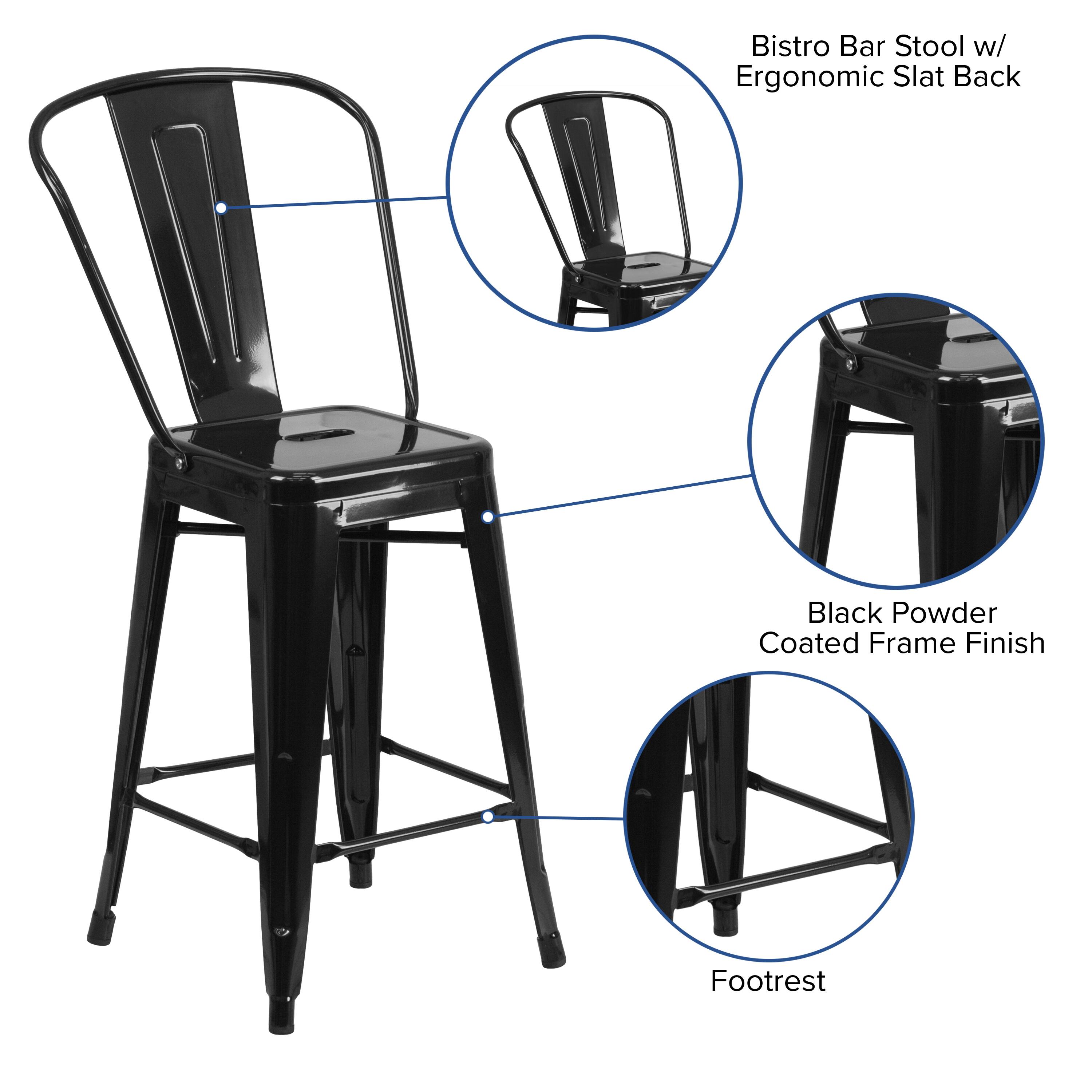 Bistro Bar Stool w/ Ergonomic Slat Back  
Black Powder Coated Frame Finish  
Footrest