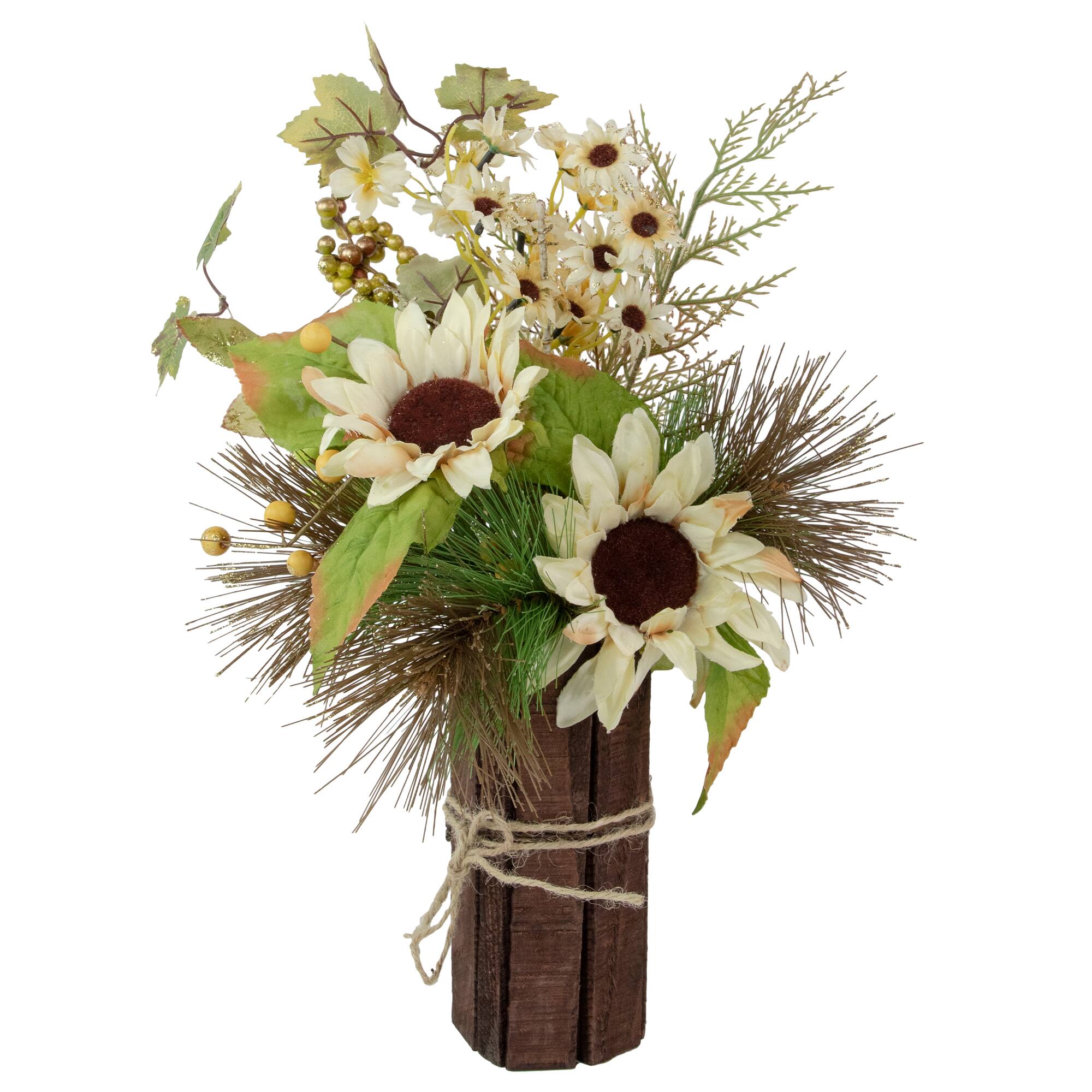 Front. Northlight - Sunflowers and Daisies Glittered Artificial Fall Harvest Flower Arrangement - 16" - White.