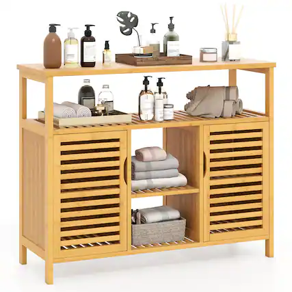 Front. Gymax - Gymax Bamboo Bathroom Cabinet 2-Door Storage Organizer w/ Shelves for Living Room - Natural.