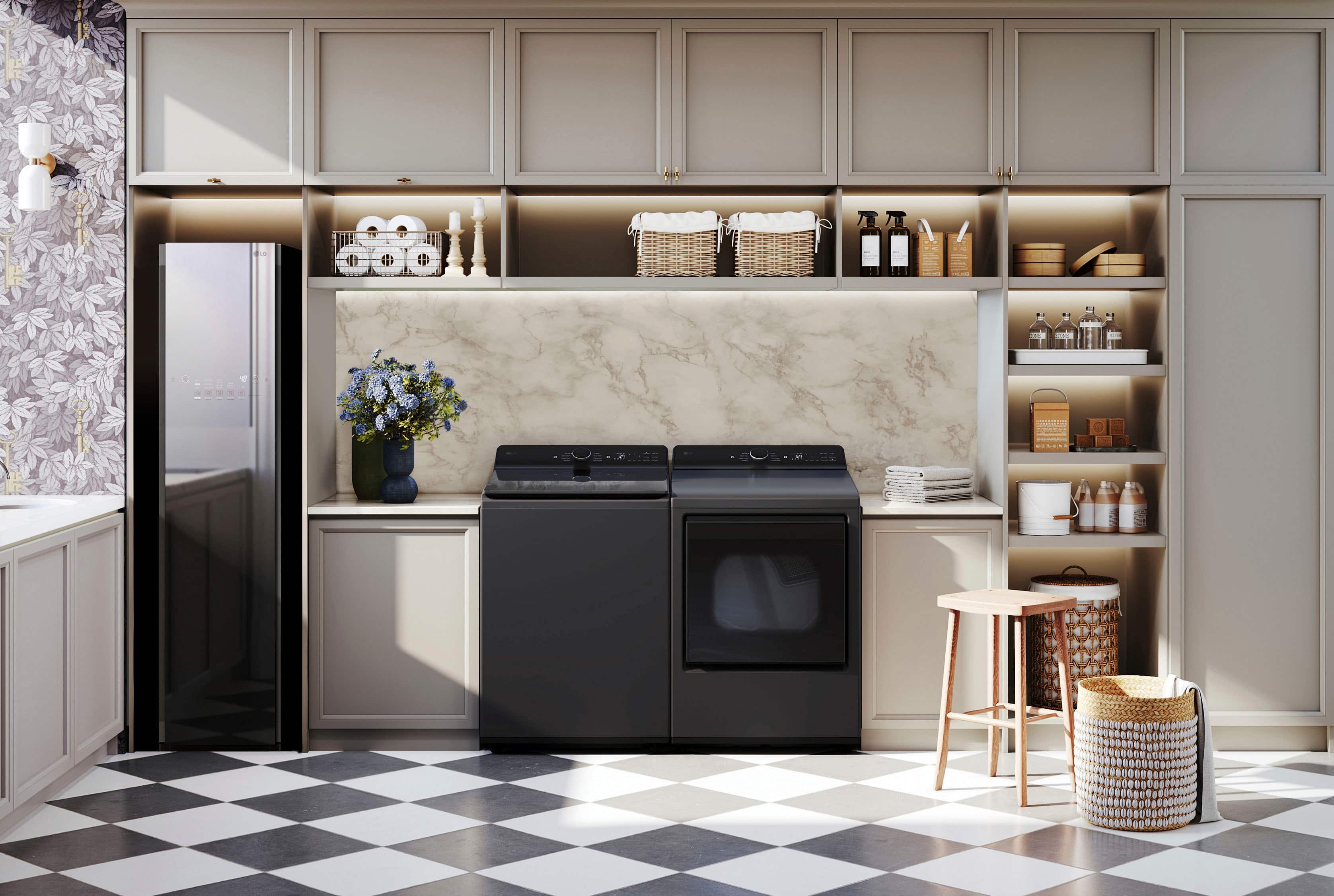 I'm sorry, but the image does not contain any text. It is a picture of a kitchen with a stove, a refrigerator, and various items such as bottles, vases, and a potted plant.