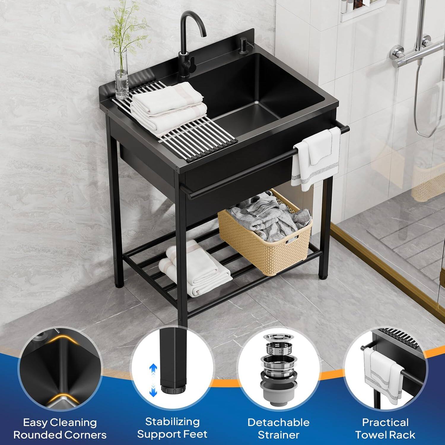 Easy Cleaning Rounded Corners  
Stabilizing Support Feet  
Detachable Strainer  
Practical Towel Rack