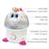 The image features a white and pink unicorn-shaped humidifier with various parts labeled. It is a kid-safe ultrasonic cool mist humidifier with a removable mist lid, a 1-gallon tank, and a crane variable control mist output. The humidifier also has a clean control antimicrobial base.