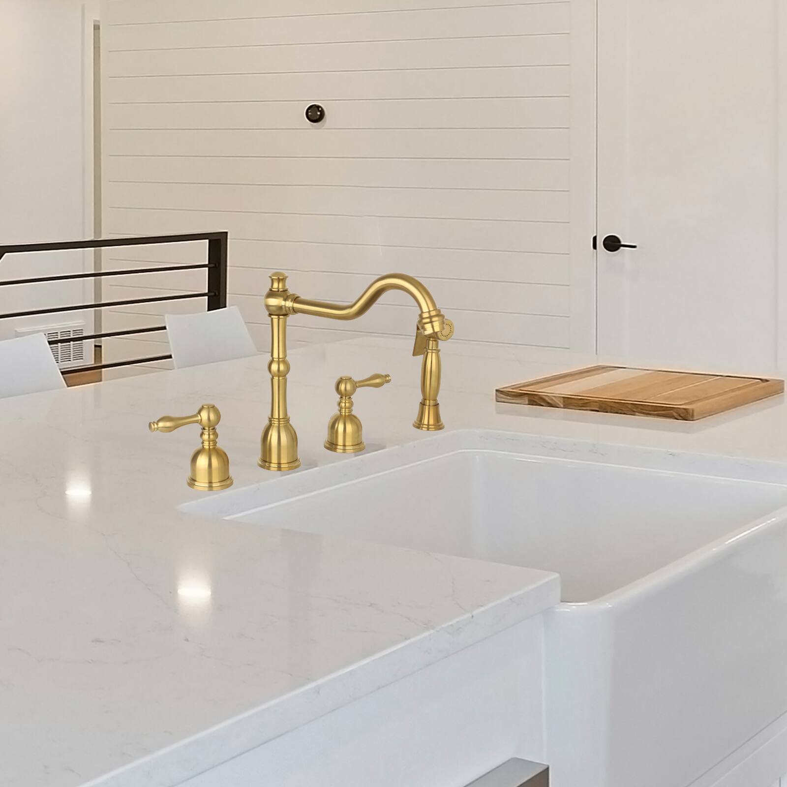 Alt View 5. Akicon - Akicon Solid Brass Two-Handles 360° Swivel Widespread Kitchen Faucet with Side Sprayer in Brushed Gold - Brushed Gold.