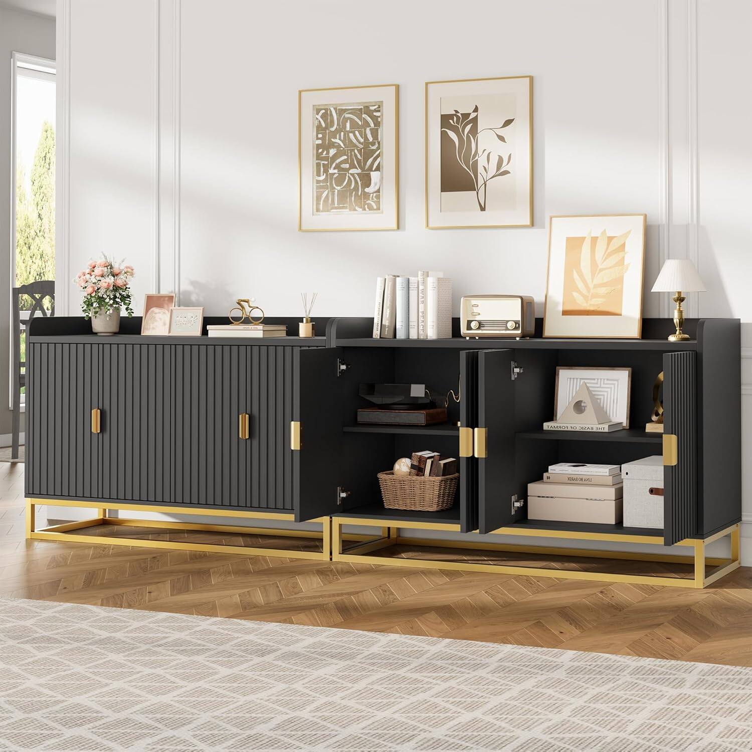 Alt View 2. Homhougo - 47.2" Black Fluted Sideboard, Modern Media Console, Storage Doors - ‎Black.