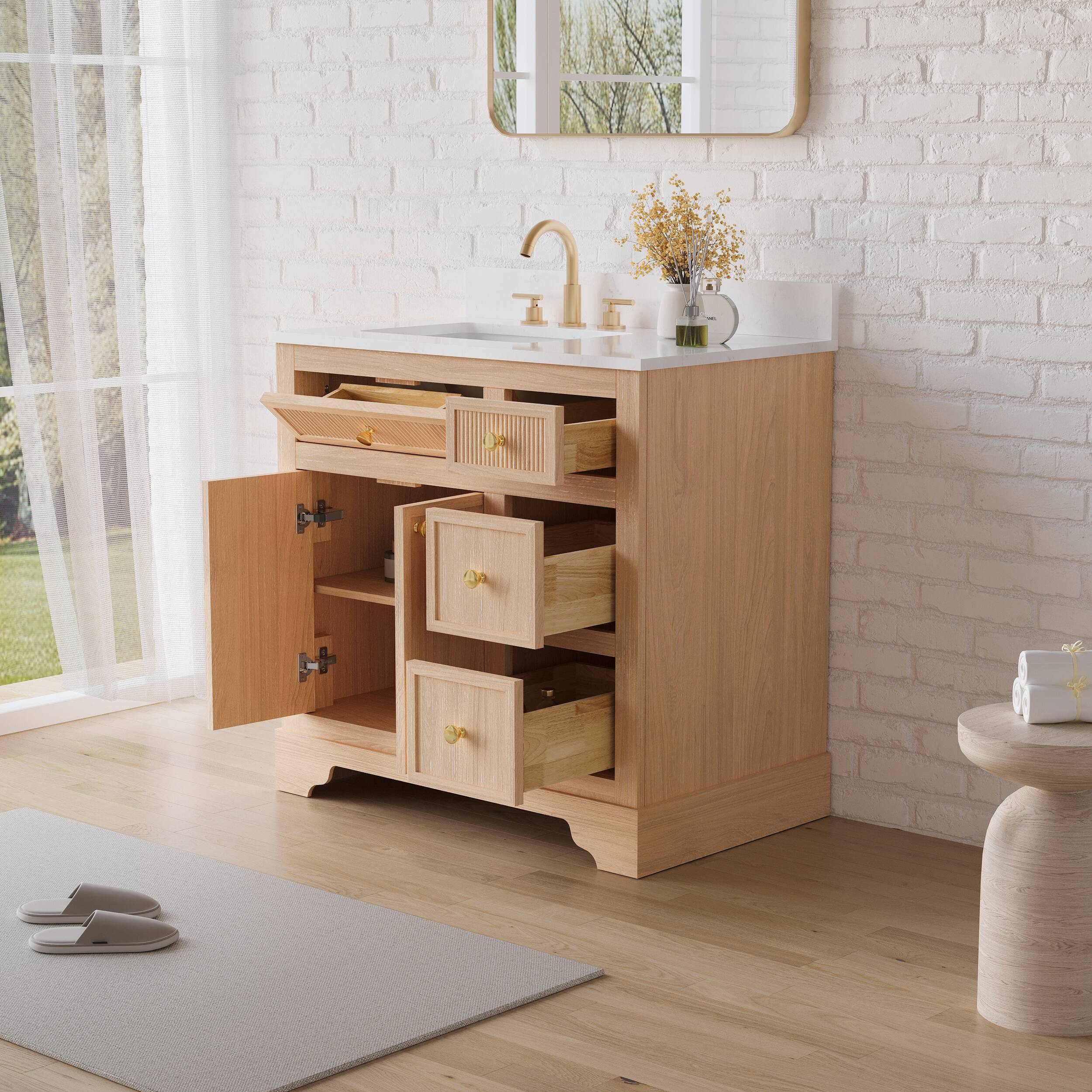 Back. WELLFOR - ALLSTAR 36 in. Freestanding Solid Wood Bath Vanity with Quartz Top, Single Sink, Soft Close, Assembled - Light Brown.
