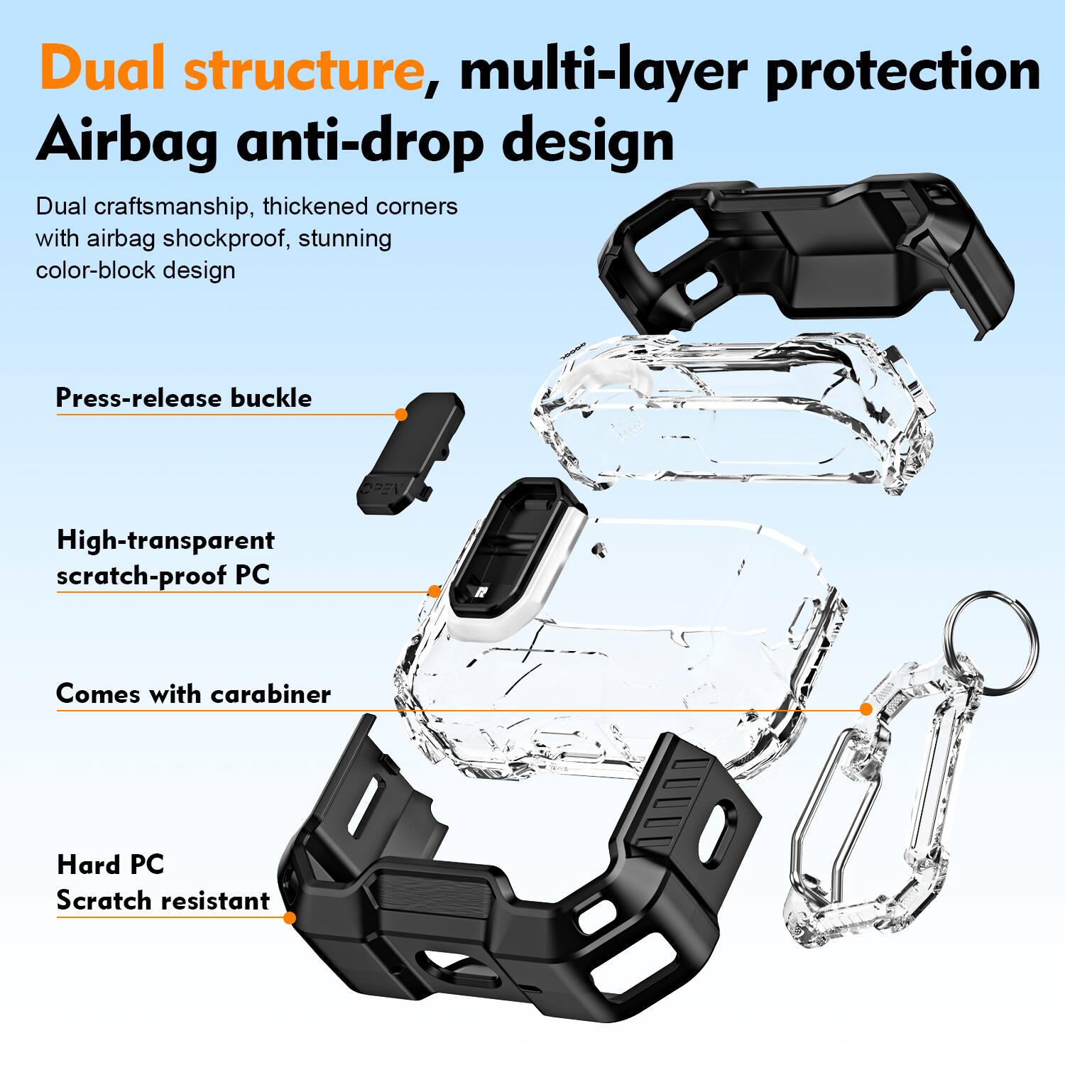 Dual structure, multi-layer protection Airbag anti-drop design  
Dual craftsmanship, thickened corners with airbag shockproof, stunning color-block design  
Press-release buckle  
High-transparent scratch-proof PC  
Comes with carabiner  
Hard PC Scratch resistant