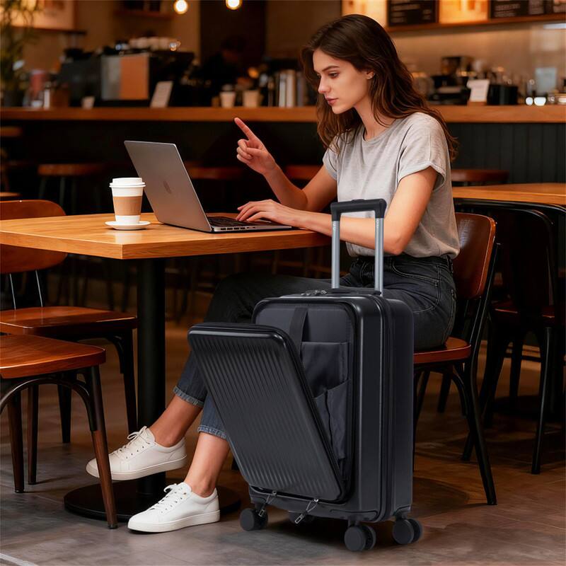 Alt View 1. HTUTWOO - Set of 2 14" Cosmetic Case & 20" Luggage Set with Spinner Wheels - ABS Hardside Suitcase with TSA Lock, Front Opening , - Black.