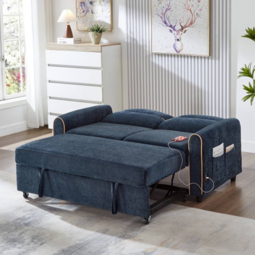 Back. LUCKY ONE - 58" Chenille Pull-Out Sleeper Loveseat Sofa Bed w/ Adjustable Backrest 4 Pockets USB - Blue.