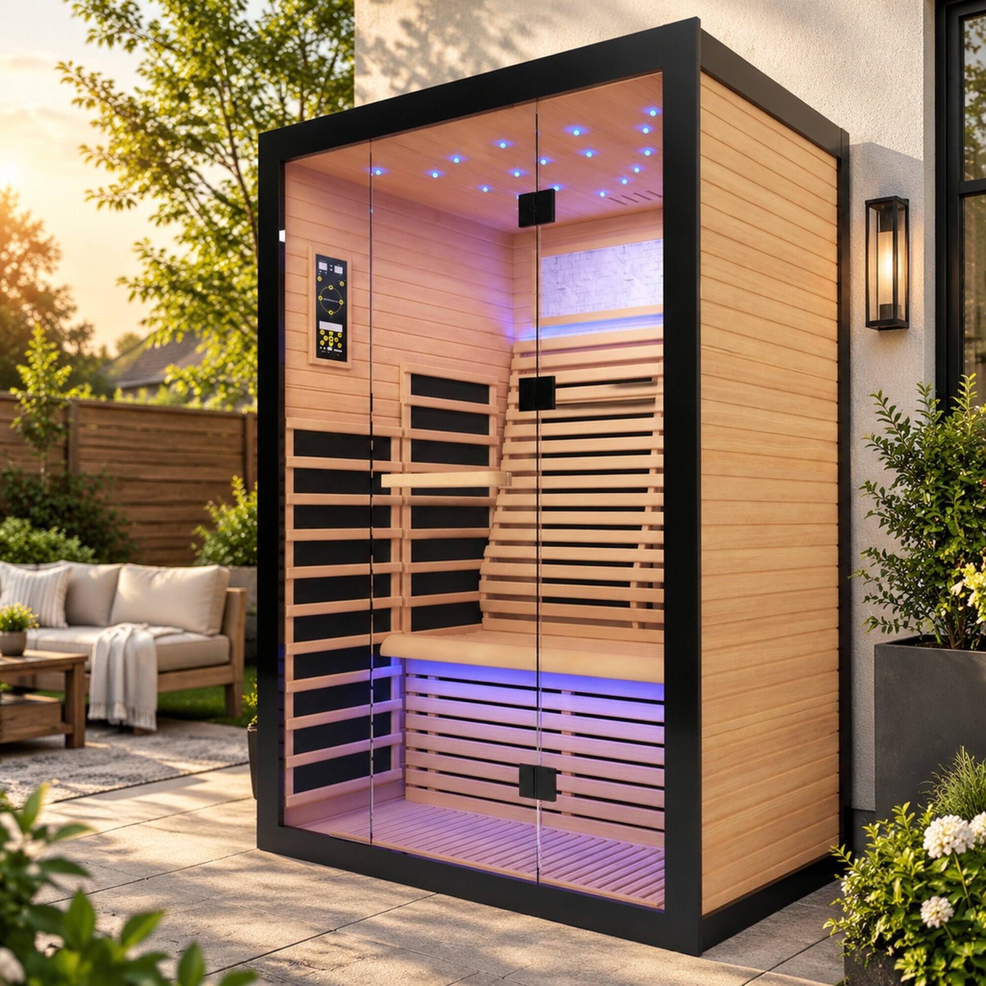 Left. RYHNUYNE - 2 Person Far Infrared Home Sauna, Canadian Hemlock Wood, 8 Heating Plates, 2160W, Starry Ceiling Lights, Indoor Spa - Black+Natural.