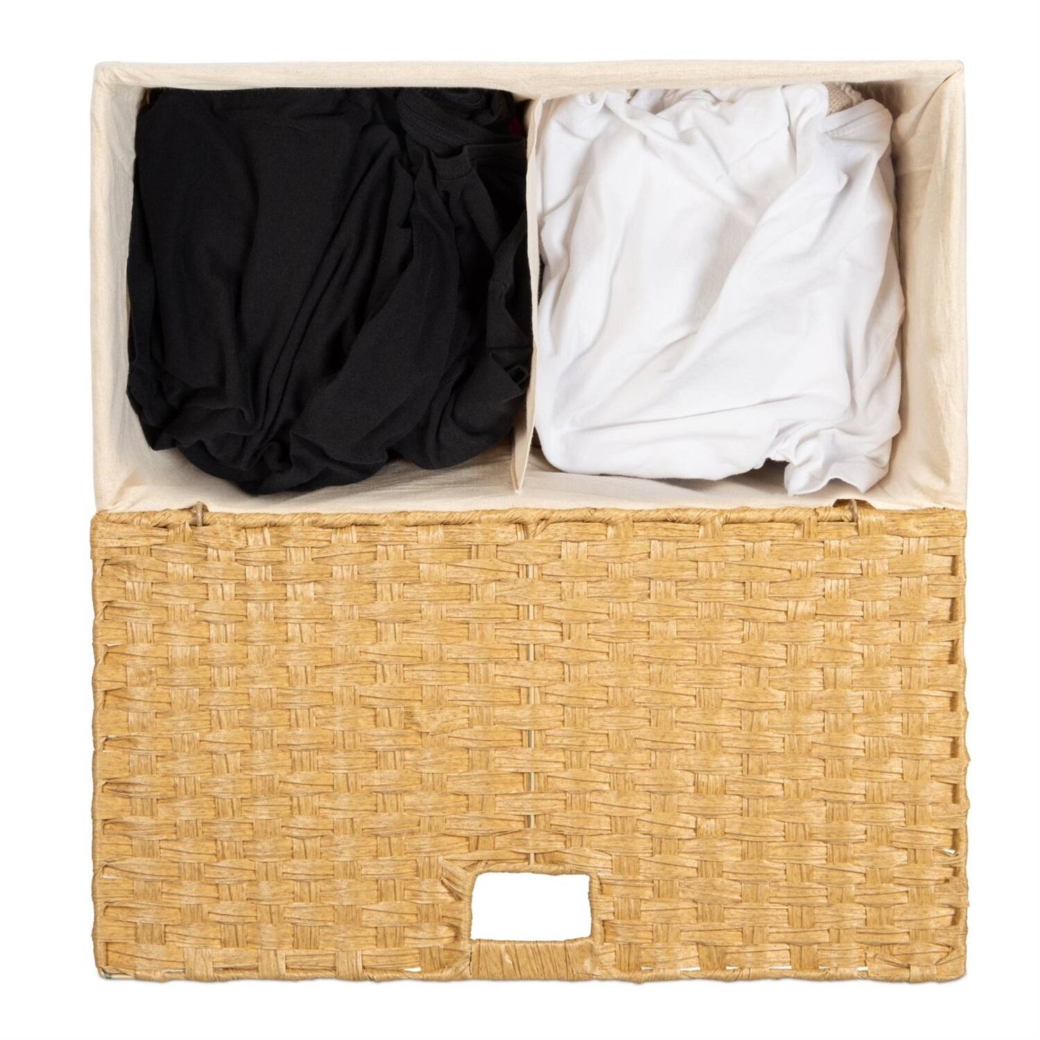 Back. Hivvago - Folding 2-Bin Natural PE Wicker Linen Liner Laundry Hamper w/ Handles - Natural.