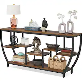 Hivvago - Industrial Modern 70-inch Long Narrow Console Sofa Table with Wood Shelves - Brown