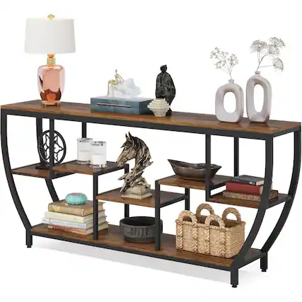 Front. Hivvago - Industrial Modern 70-inch Long Narrow Console Sofa Table with Wood Shelves - Brown.