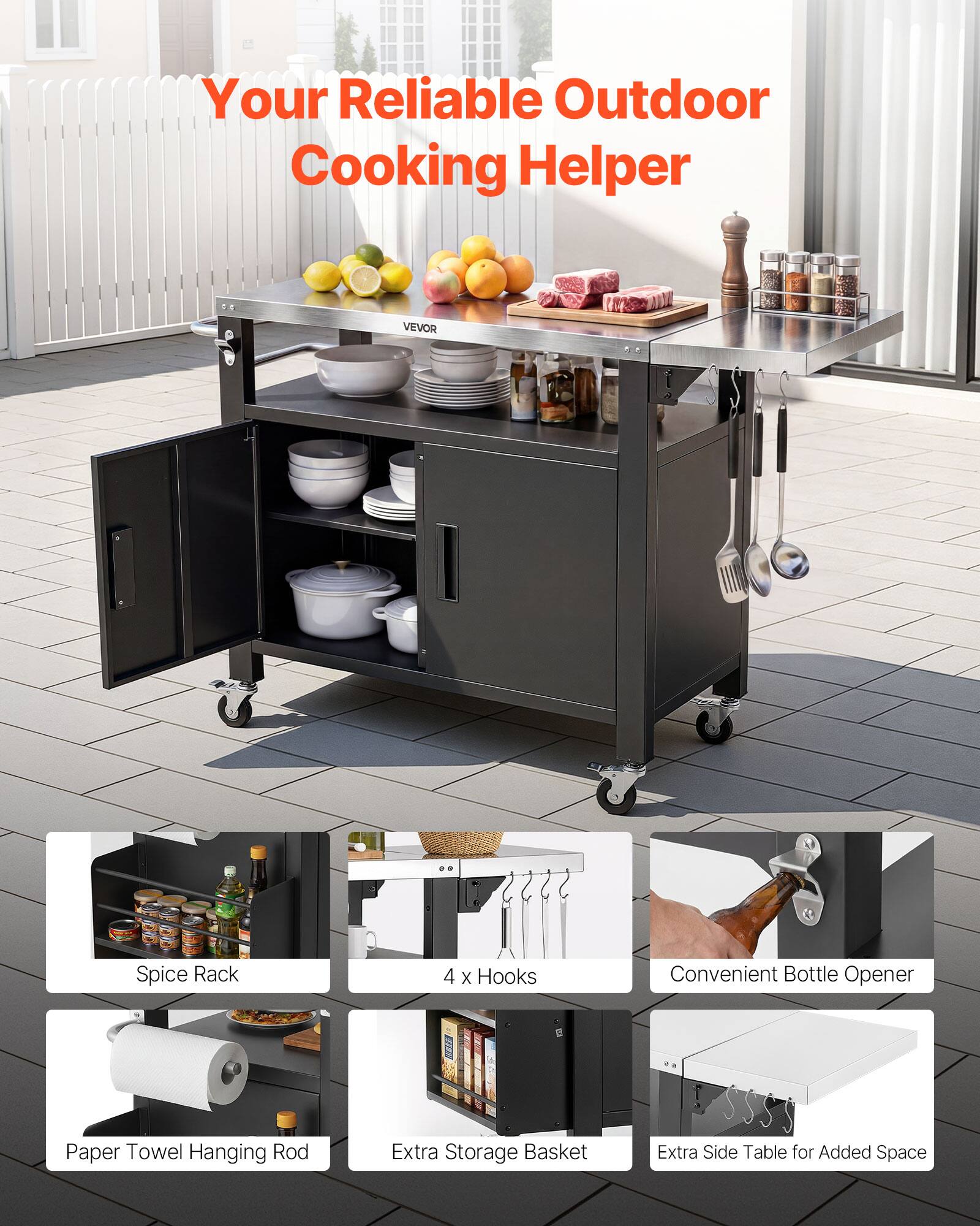 Your Reliable Outdoor Cooking Helper

- Spice Rack
- 4 x Hooks
- Convenient Bottle Opener
- Paper Towel Hanging Rod
- Extra Storage Basket
- Extra Side Table for Added Space