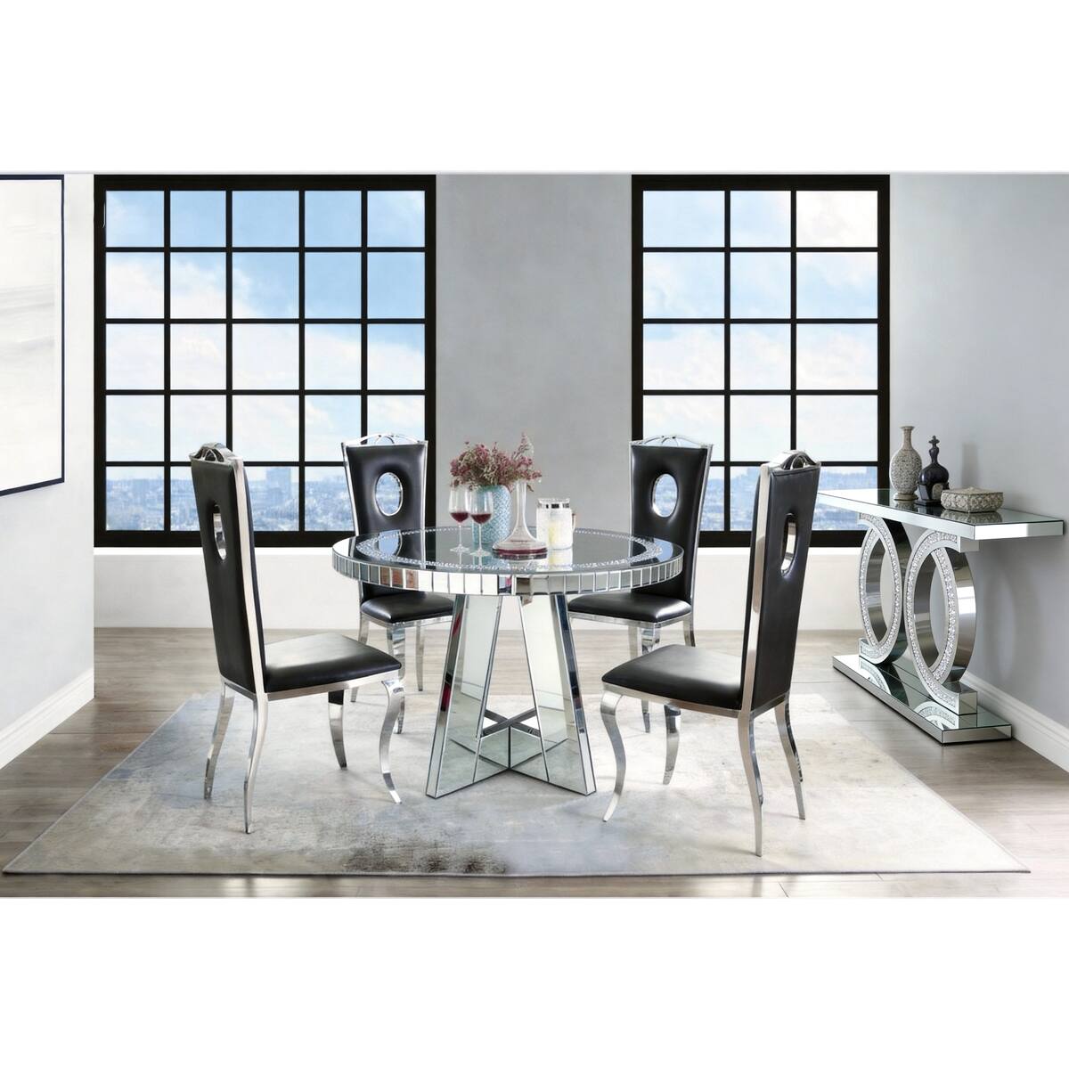Alt View 6. Loheer - Loheer Round Mirrored Dining Table with Crushed Diamond Glass Top and Mirrored Base - Silver.