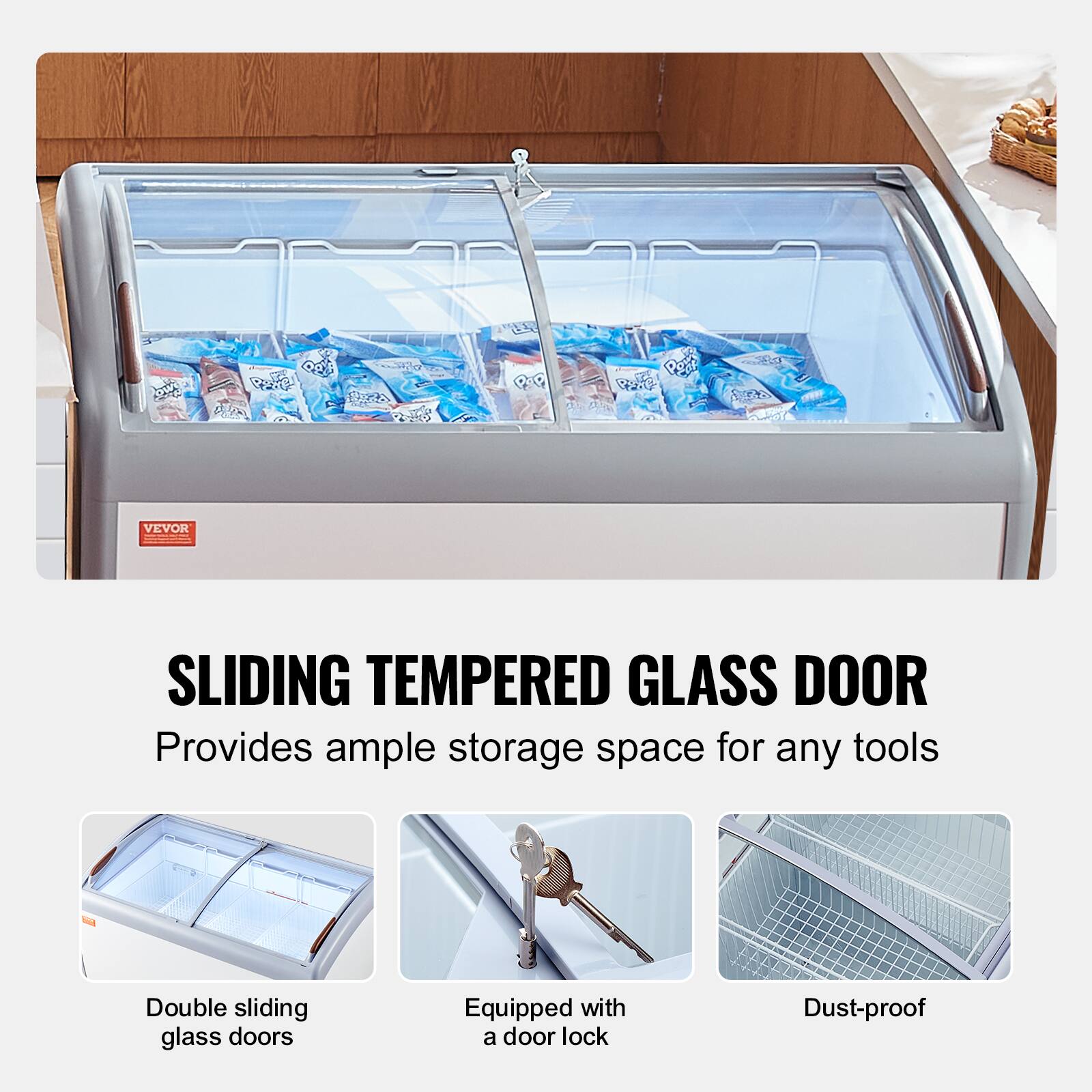 VEVOR SLIDING TEMPERED GLASS DOOR
Provides ample storage space for any tools
Double sliding glass doors
Equipped with a door lock
Dust-proof