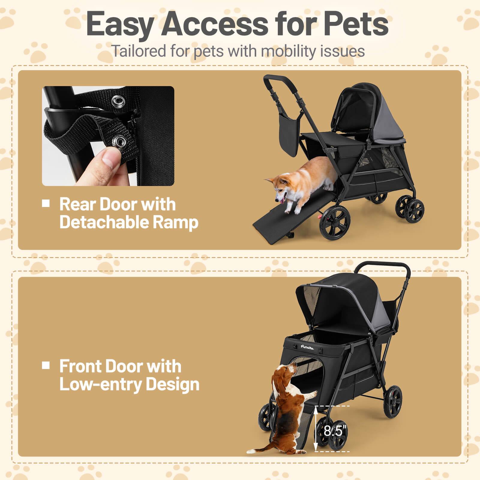 Easy Access for Pets  
Tailored for pets with mobility issues  

- Rear Door with Detachable Ramp  
- Front Door with Low-entry Design  

8.5"