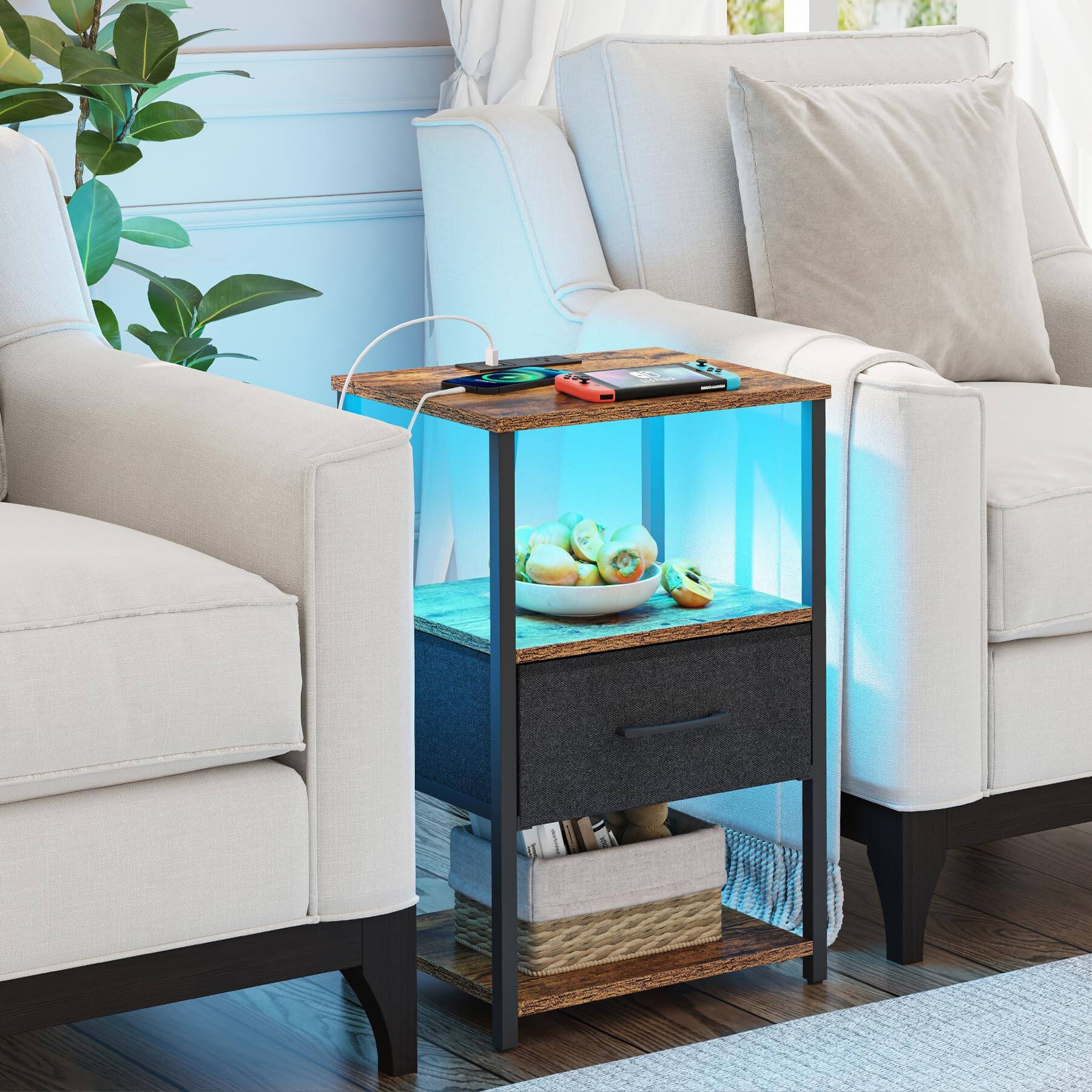 Alt View 2. Empire DigiLabs - Led Nightstand Set Of 2 Night Stand With Charging Station End Table Bedside Fabric Drawer Side For Livingro... - Black.