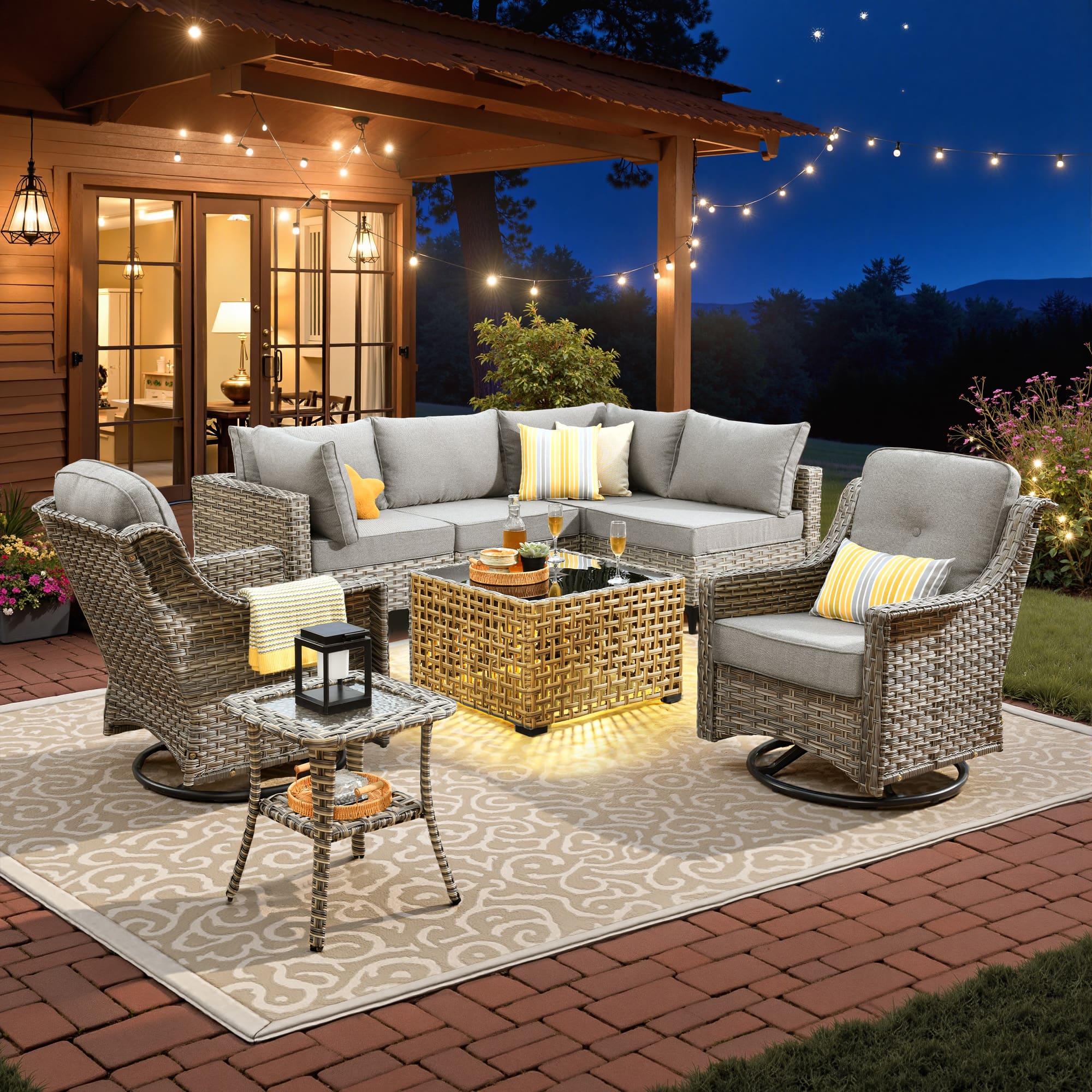 Ovios - 8 PCS Patio Furniture Set Outdoor Sectional Sofa Couch Swivel Chairs with Solar Coffee Table - Dark Gray