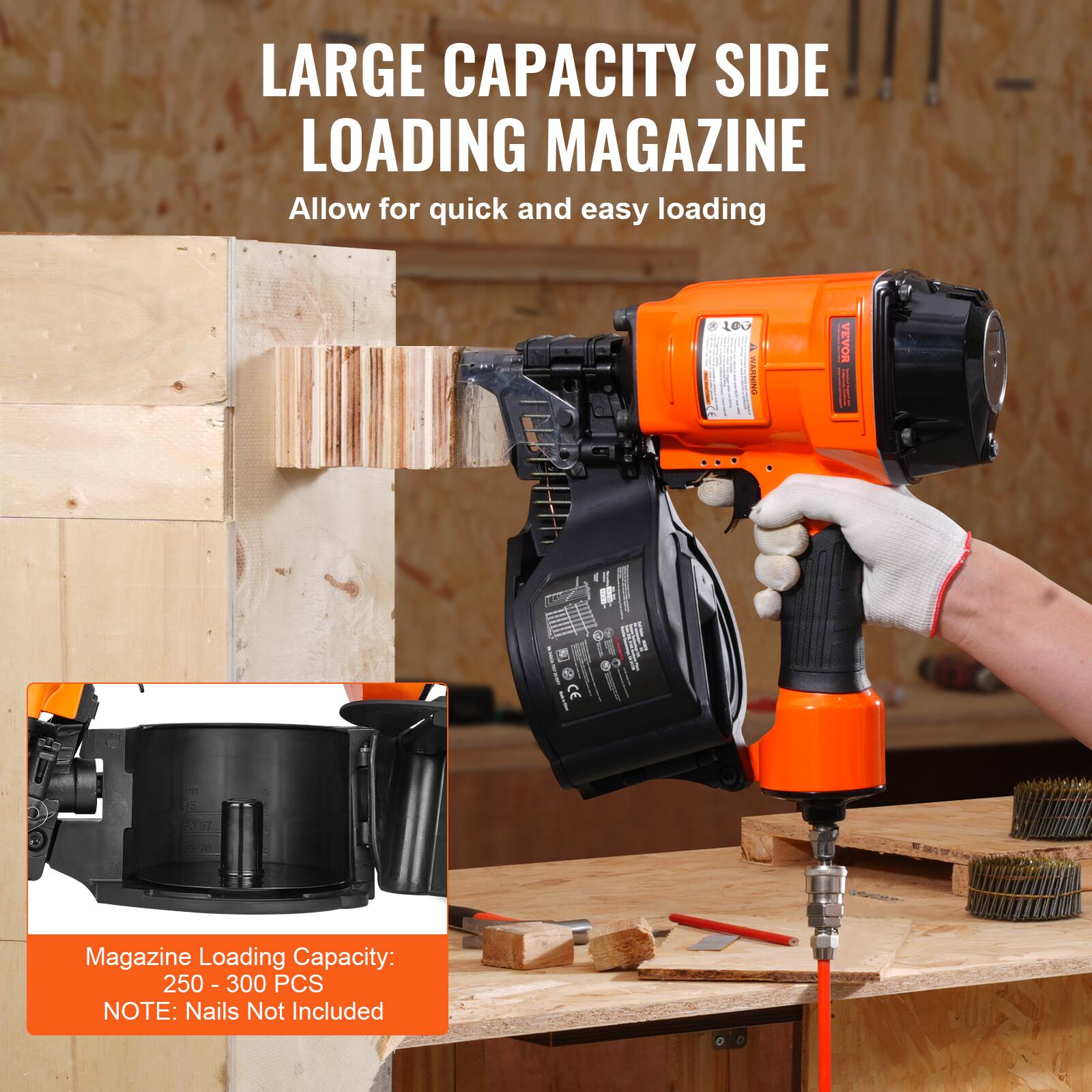 LARGE CAPACITY SIDE LOADING MAGAZINE  
Allow for quick and easy loading  

Magazine Loading Capacity: 250 - 300 PCS  
NOTE: Nails Not Included