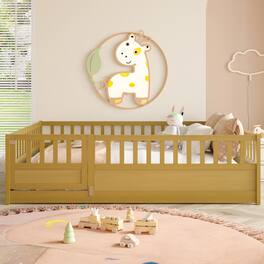 GOODSILO - Full Size Floor Bed with High Security Barrier and Door for Children, Montessori Style Wooden Frame - Natural Wood