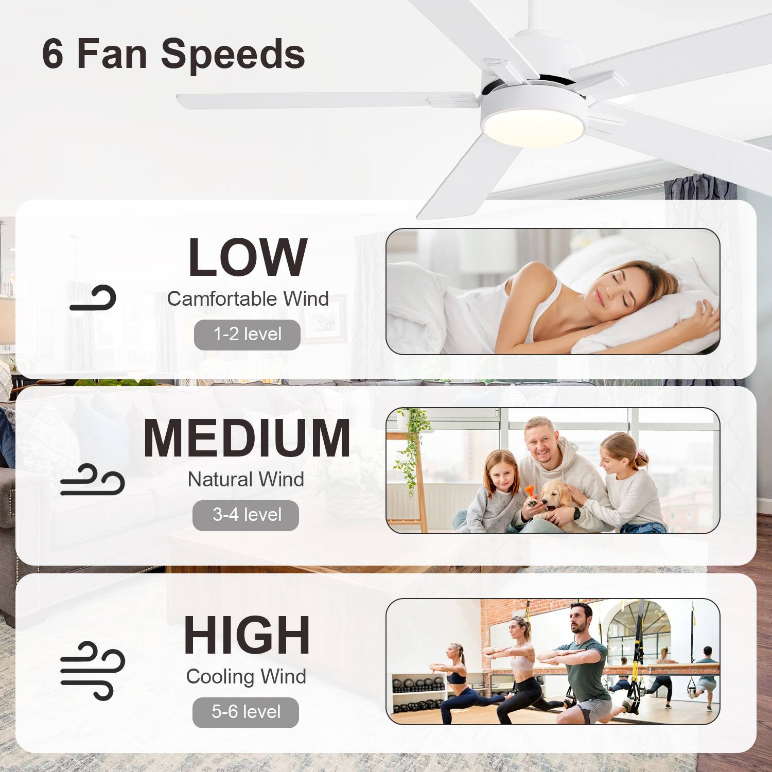 6 Fan Speeds

LOW  
Comfortable Wind  
1-2 level

MEDIUM  
Natural Wind  
3-4 level

HIGH  
Cooling Wind  
5-6 level