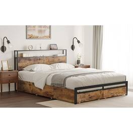 HAUSOURCE - Queen Platform Bed Frame w/ Headboard, Drawers & Outlets - Rustic Brown
