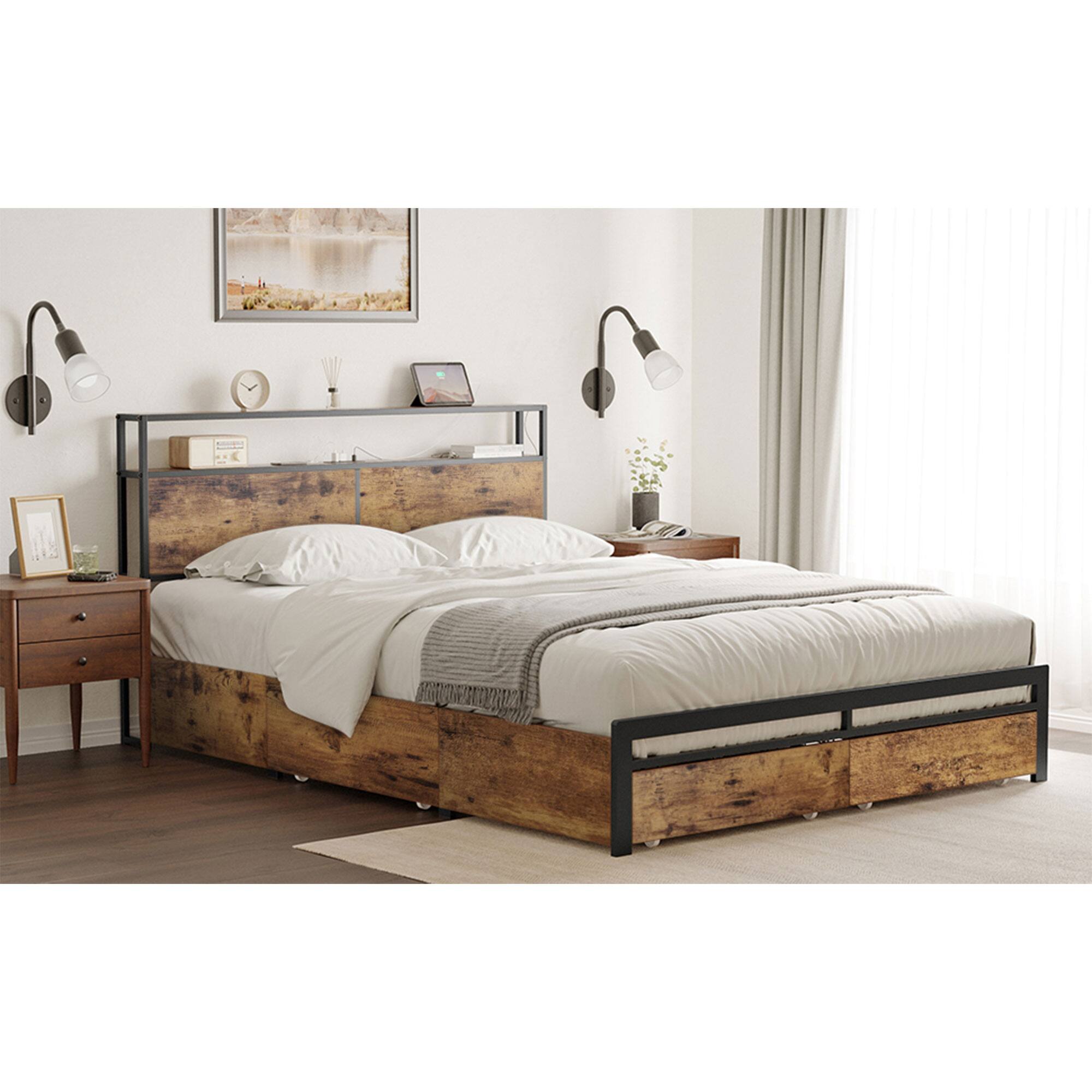 Front. HAUSOURCE - HAUSOURCE Queen Platform Bed Frame w/ Headboard, Drawers & Outlets, Rustic Brown - Rustic Brown.