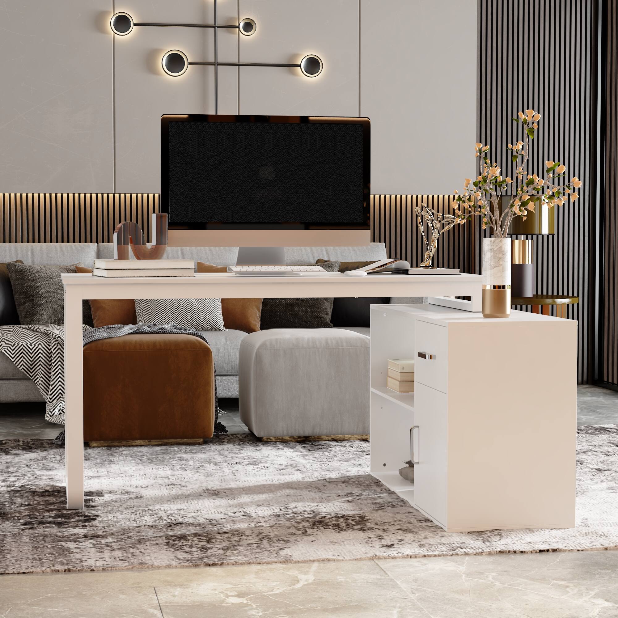 Back. FUFU&GAGA - FUFU&GAGA Modern L - Shaped Office Desk with Storage - Sleek Workstation for Home & Office - White.