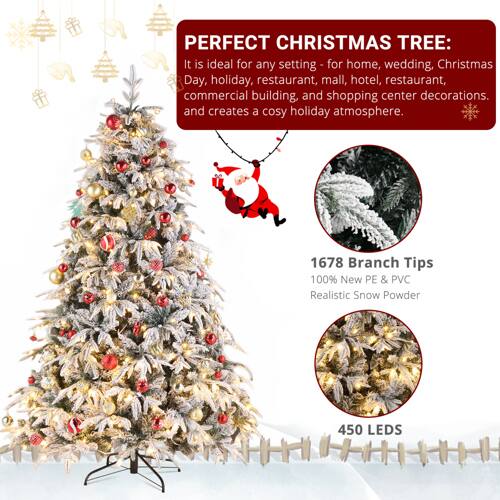 PERFECT CHRISTMAS TREE:  
It is ideal for any setting - for home, wedding, Christmas Day, holiday, restaurant, mall, hotel, commercial building, and shopping center decorations. and creates a cosy holiday atmosphere.  

1678 Branch Tips  
100% New PE & PVC  
Realistic Snow Powder  

450 LEDs