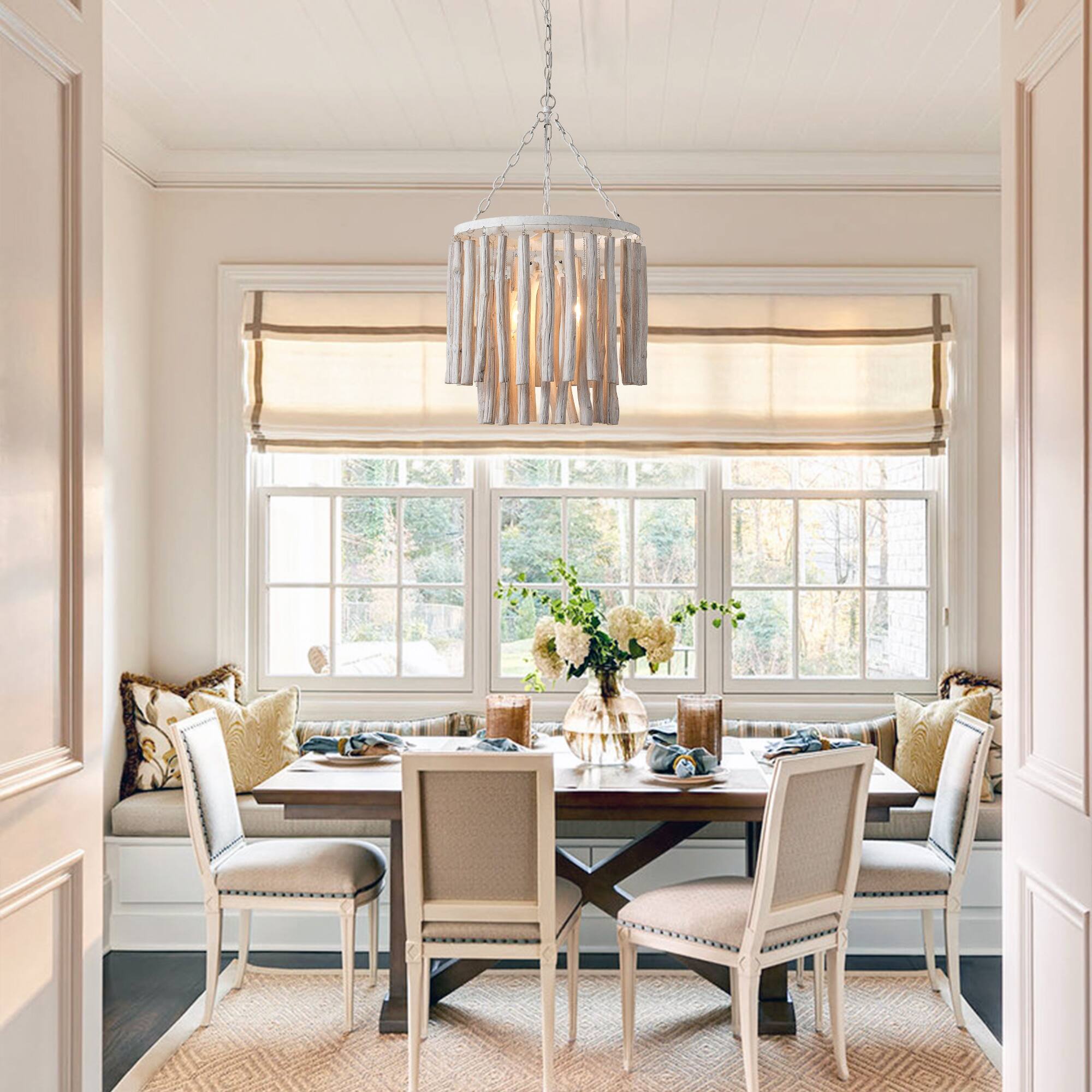 Angle. Parrot Uncle - 17"W Farmhouse White Wooden Adjustable 4-Light Chandelier - White.