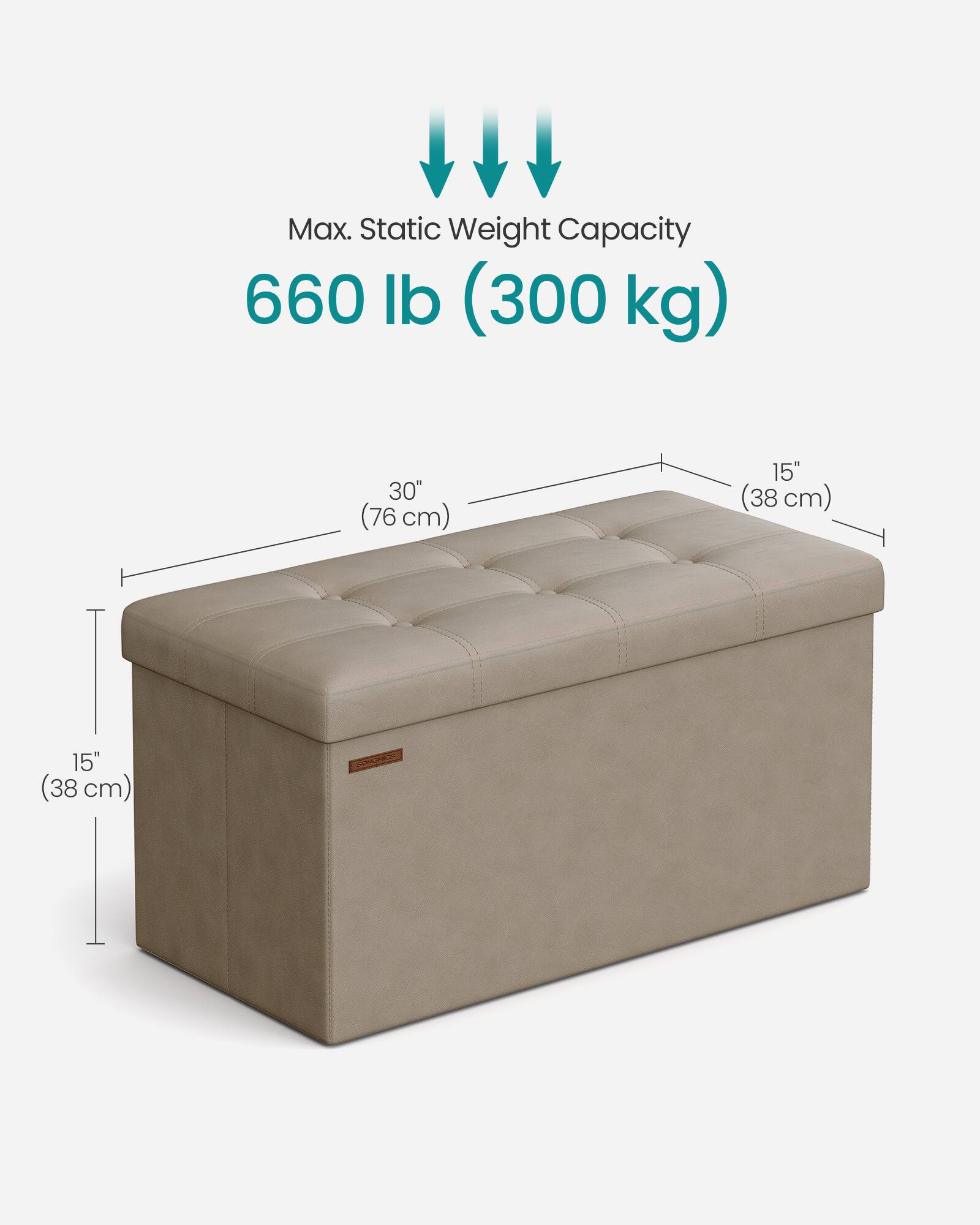 Max. Static Weight Capacity: 660 lb (300 kg)

Dimensions:
- Length: 30" (76 cm)
- Width: 15" (38 cm)
- Height: 15" (38 cm)