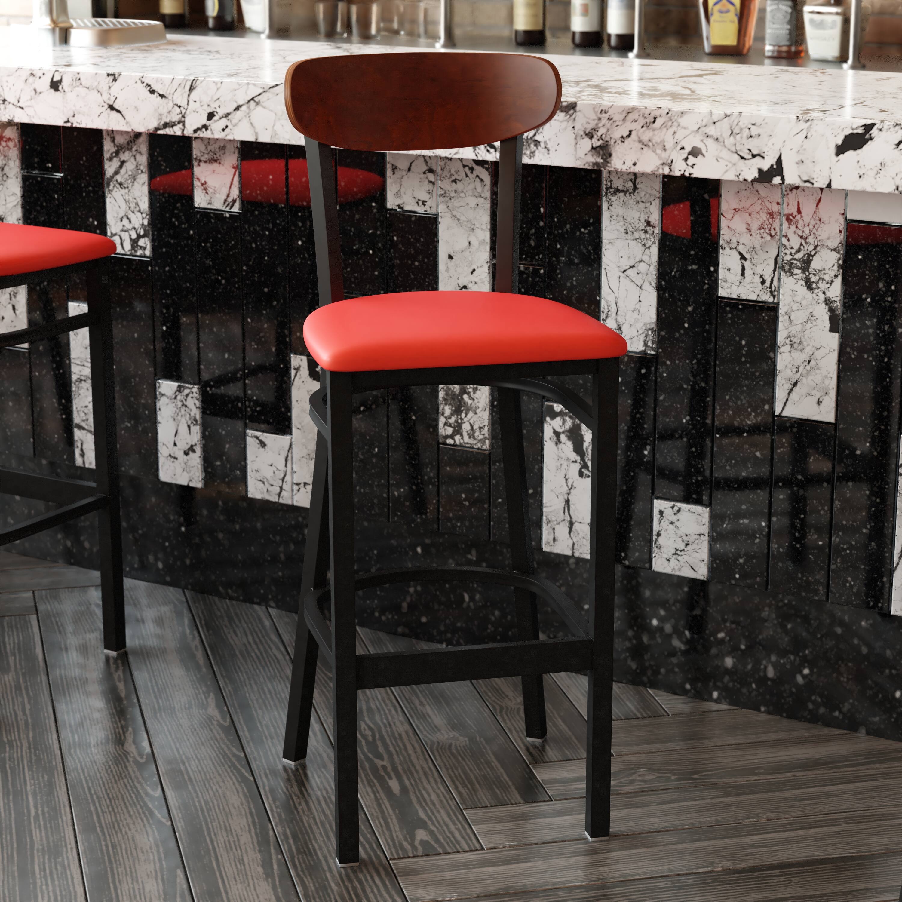 Alt View 15. Alamont Home - Wright Commercial Metal Barstool with Vinyl Seat and Wood Boomerang Back-Red/Walnut - Walnut Wood Back/Red Vinyl Seat.