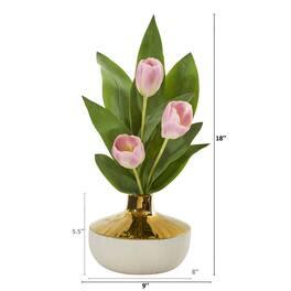 BreeBe - 18" Tulip Arrangement in Gold and Cream Elegant Vase - Pink