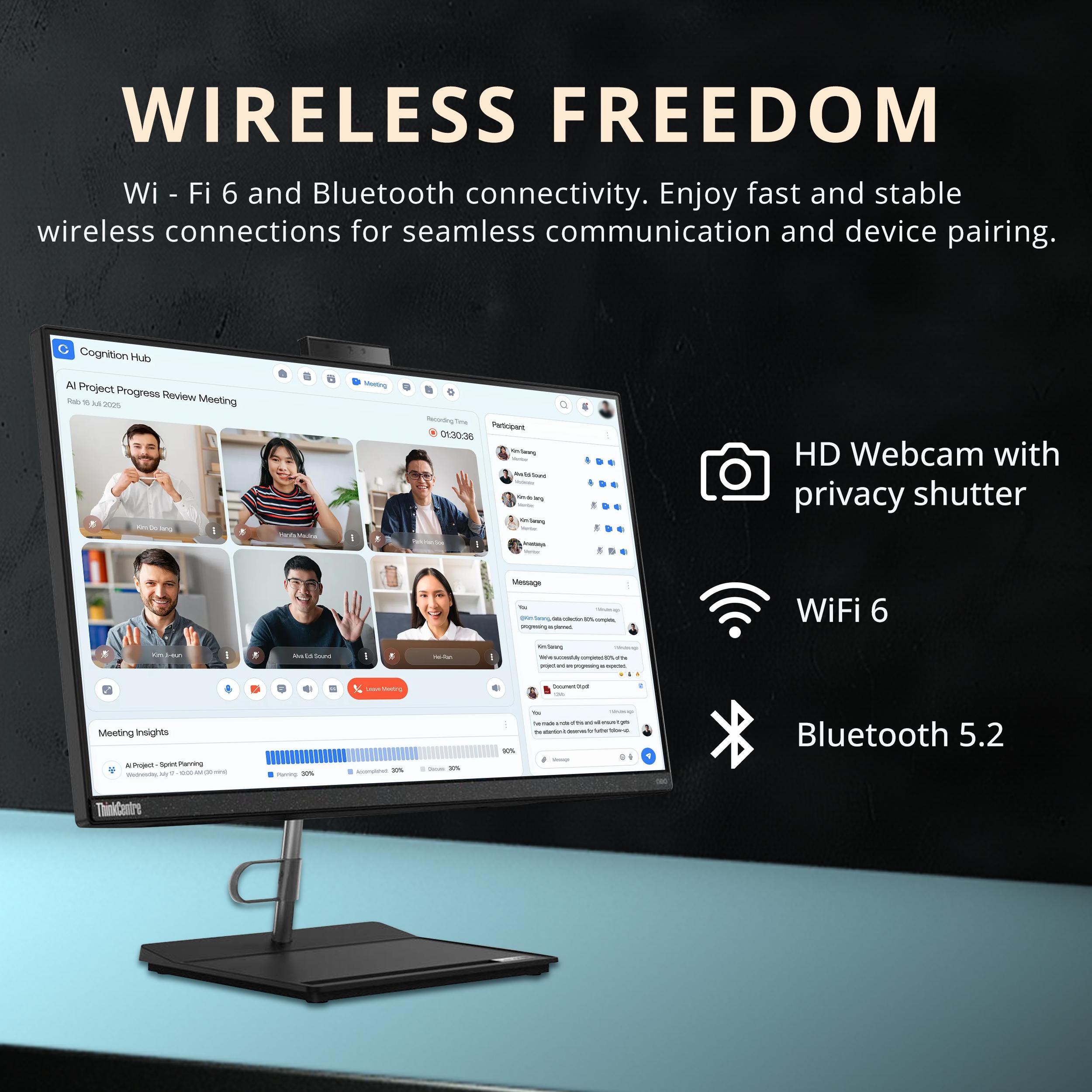 **WIRELESS FREEDOM**
Wi-Fi 6 and Bluetooth connectivity. Enjoy fast and stable wireless connections for seamless communication and device pairing.
- HD Webcam with privacy shutter
- WiFi 6
- Bluetooth 5.2
Cognition Hub
AI Project Progress Review Meeting
Rabi 7, Jul 2023
Recording Time: 01:30:38
Meeting Insights
AI Project - Sprint Planning
Progress: 30%
Assessment: 20%
Deadline: 2023-07-20
Participants:
- Rabi Khan
- Emily Mendoza
- Kevin James
- Alex Smith
- Yuna Lee
Messages:
- "Great meeting, thanks for the update!"
- "Looking forward to the next sprint."
- "Any updates on the timeline?"