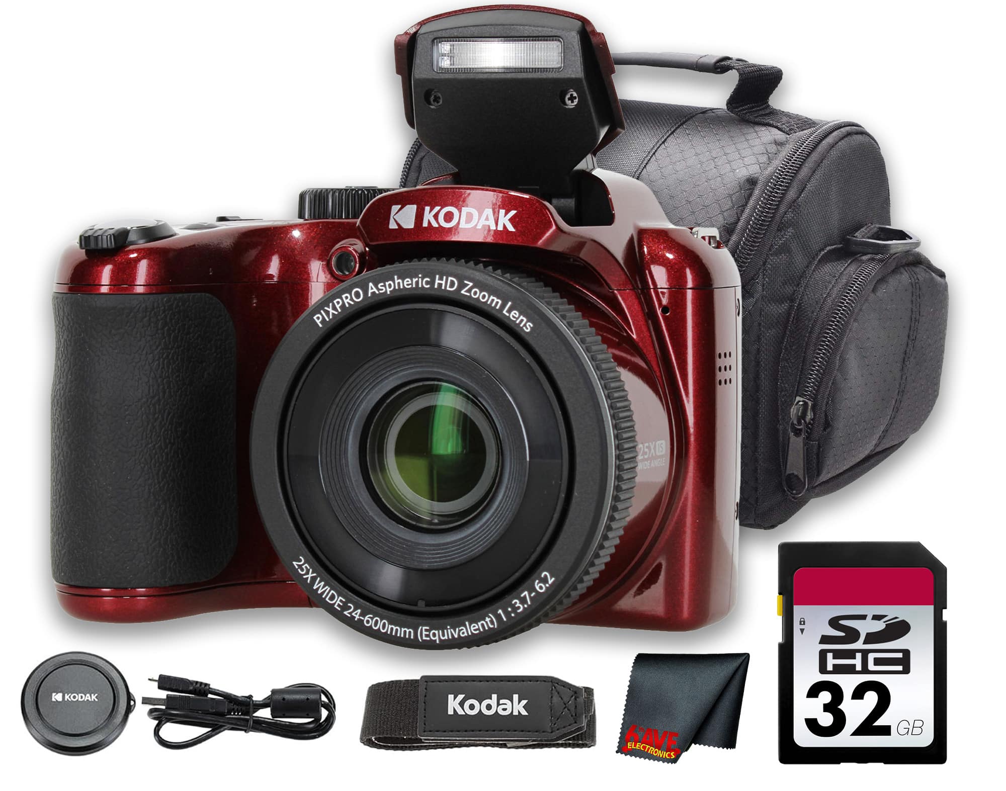 Kodak - PIXPRO AZ255 Digital Camera (Red)  (AZ255RD) + 32GB Card + Bag + Cloth