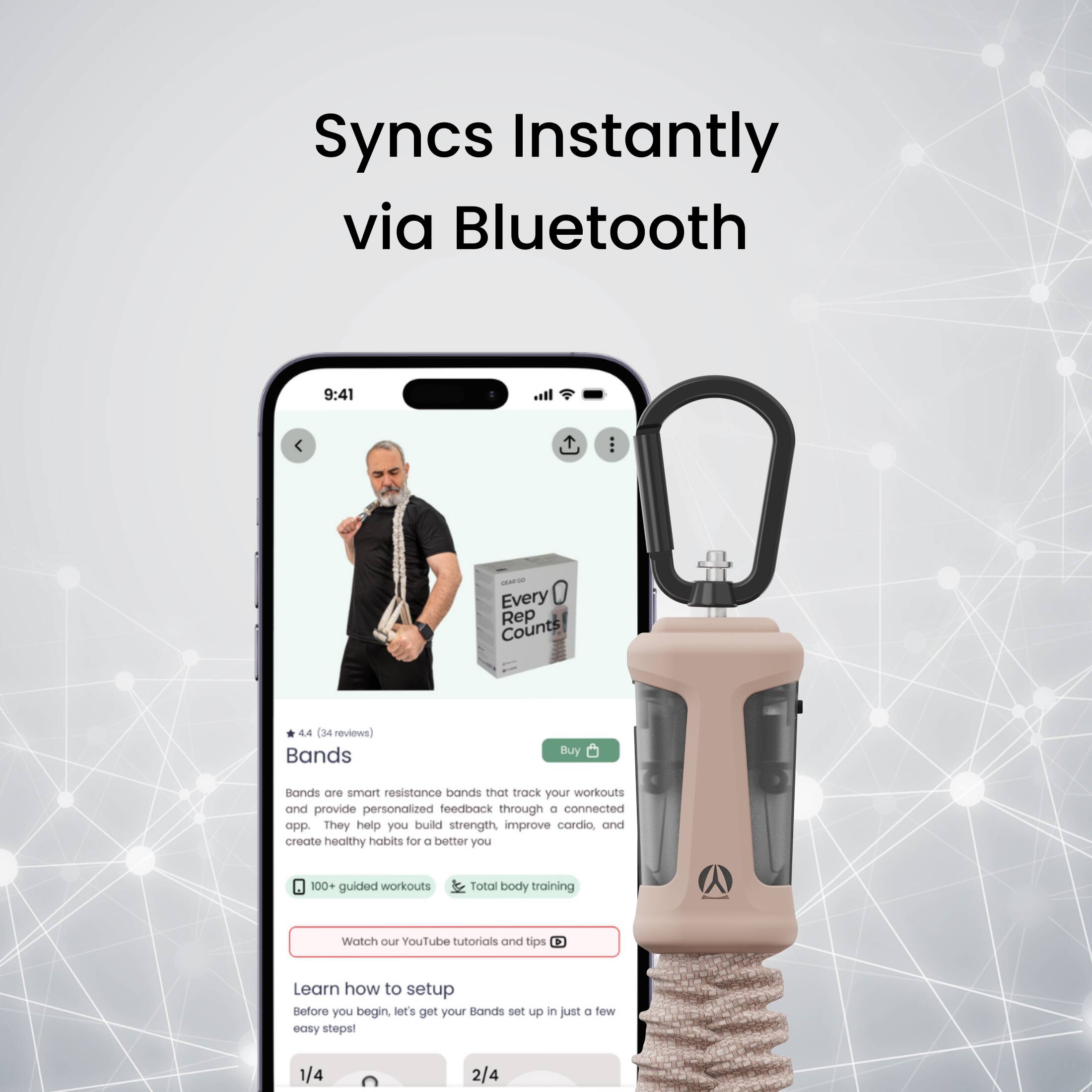 Syncs Instantly via Bluetooth

Every Rep Counts

4.4 (34 reviews)

Bands

Bands are smart resistance bands that track your workouts and provide personalized feedback through a connected app. They help you build strength, improve cardio, and create healthy habits for a better you.

100+ guided workouts
Total body training

Watch our YouTube tutorials and tips

Learn how to setup
Before you begin, let's get your Bands set up in just a few easy steps!

1/4 2/4