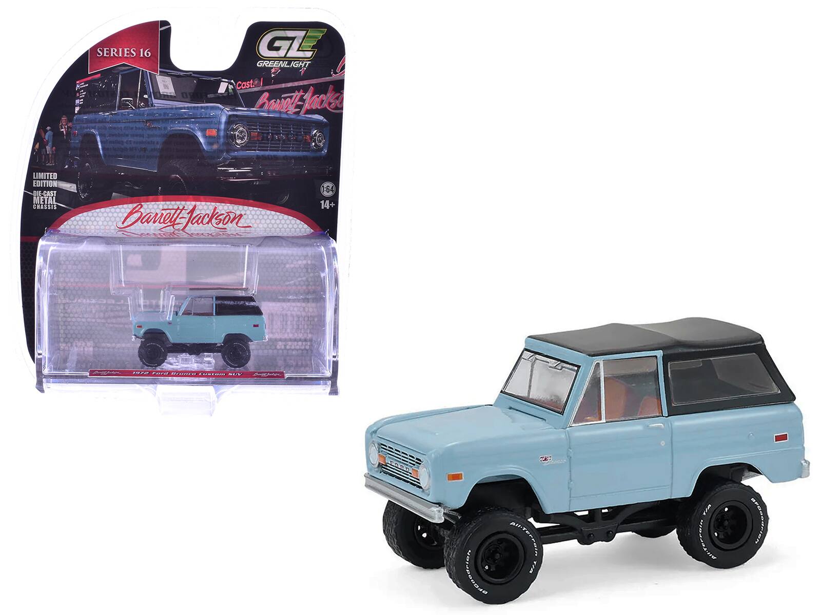 **SERIES 16**

**GL ENLIGHT**

**Barnett Jackson**

**LIMITED EDITION**

**1:64**

**14+**

**CAST METAL CHASSIS**

**Barnett Jackson**

**1970 Ford Bronco Custom SUV**

**1970 Ford Bronco Custom SUV**