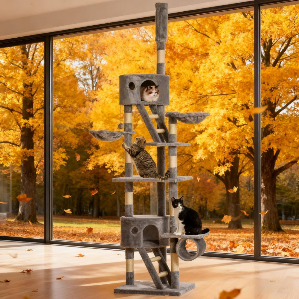 Alt View 6. Siljoy - Height Adjustable Floor-to-Ceiling Cat Tree, 94.5-102.4" Tension Rod Tower with Tube, Condos & Dual Hammocks.