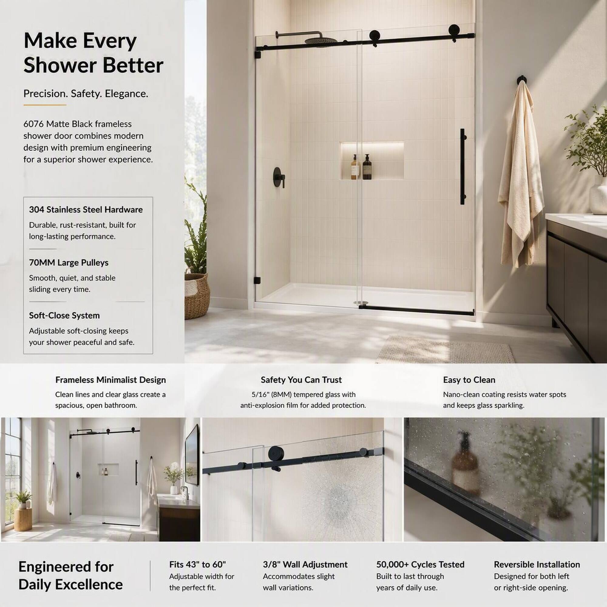 Make Every Shower Better

Precision. Safety. Elegance.

6076 Matte Black frameless shower door combines modern design with premium engineering for a superior shower experience.

304 Stainless Steel Hardware
Durable, rust-resistant, built for long-lasting performance.

70MM Large Pulleys
Smooth, quiet, and stable sliding every time.

Soft-Close System
Adjustable soft-closing keeps your shower peaceful and safe.

Frameless Minimalist Design
Clean lines and clear glass create a spacious, open bathroom.

Safety You Can Trust
5/16" (8MM) tempered glass with anti-explosion film for added protection.

Easy to Clean
Nano-clean coating resists water spots and keeps glass sparkling.

Engineered for Daily Excellence

Fits 43" to 60"
Adjustable width for the perfect fit.

3/8" Wall Adjustment
Accommodates slight wall variations.

50,000+ Cycles Tested
Built to last through years of daily use.

Reversible Installation
Designed for both left or right-side opening.