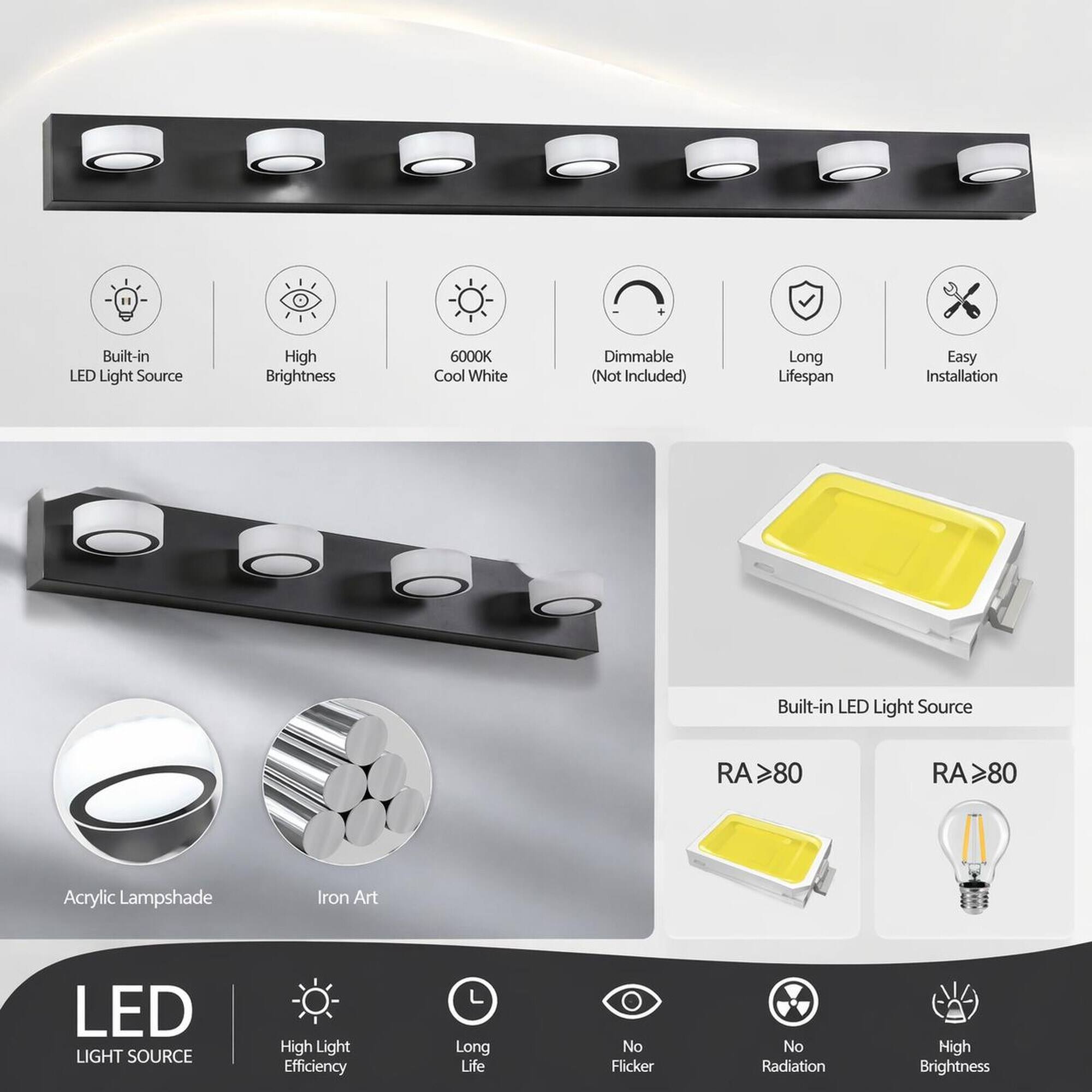 - Built-in LED Light Source
- High Brightness
- 6000K Cool White
- Dimmable (Not Included)
- Long Lifespan
- Easy Installation
- RA>80
- Acrylic Lampshade
- Iron Art
- LED LIGHT SOURCE
- High Light Efficiency
- No Flicker
- No Radiation