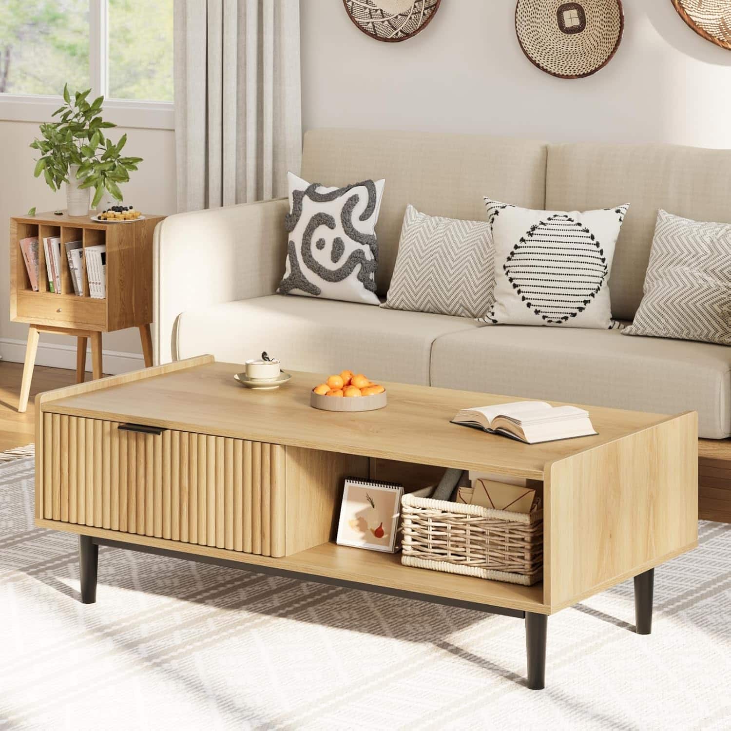 Acekool - Coffee Table, Mid Century Modern Table with Storage - Wood