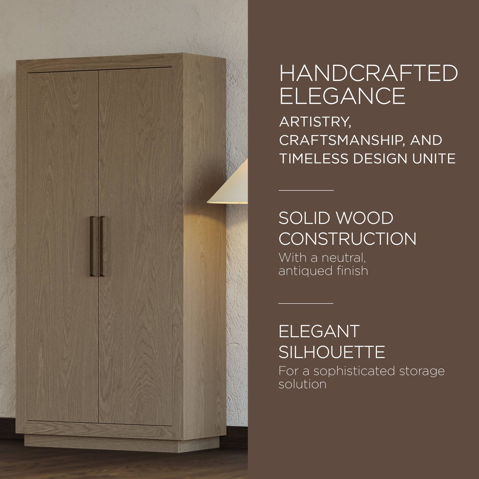 HANDCRAFTED ELEGANCE  
ARTISTRY, CRAFTSMANSHIP, AND TIMELESS DESIGN UNITE  

SOLID WOOD CONSTRUCTION  
With a neutral, antiqued finish  

ELEGANT SILHOUETTE  
For a sophisticated storage solution
