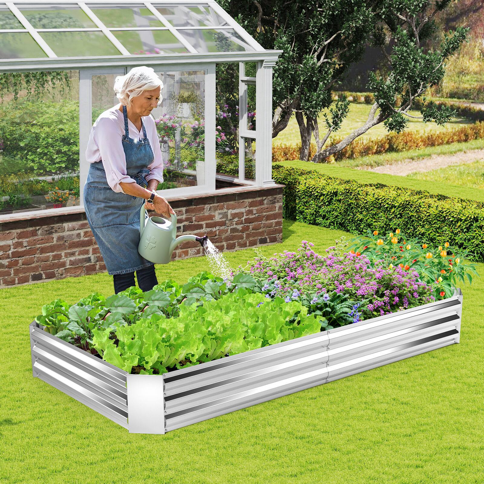 Angle. SlickBlue - Galvanized Steel Raised Garden Bed with Open Base for Vegetables and Flowers - Silver.