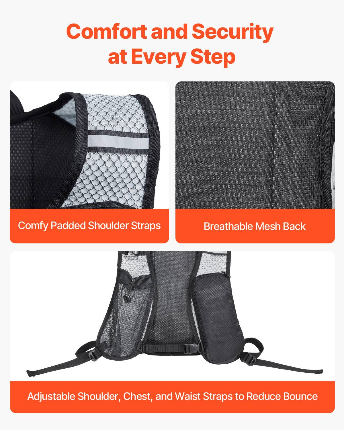Comfort and Security at Every Step

- Comfy Padded Shoulder Straps
- Breathable Mesh Back
- Adjustable Shoulder, Chest, and Waist Straps to Reduce Bounce