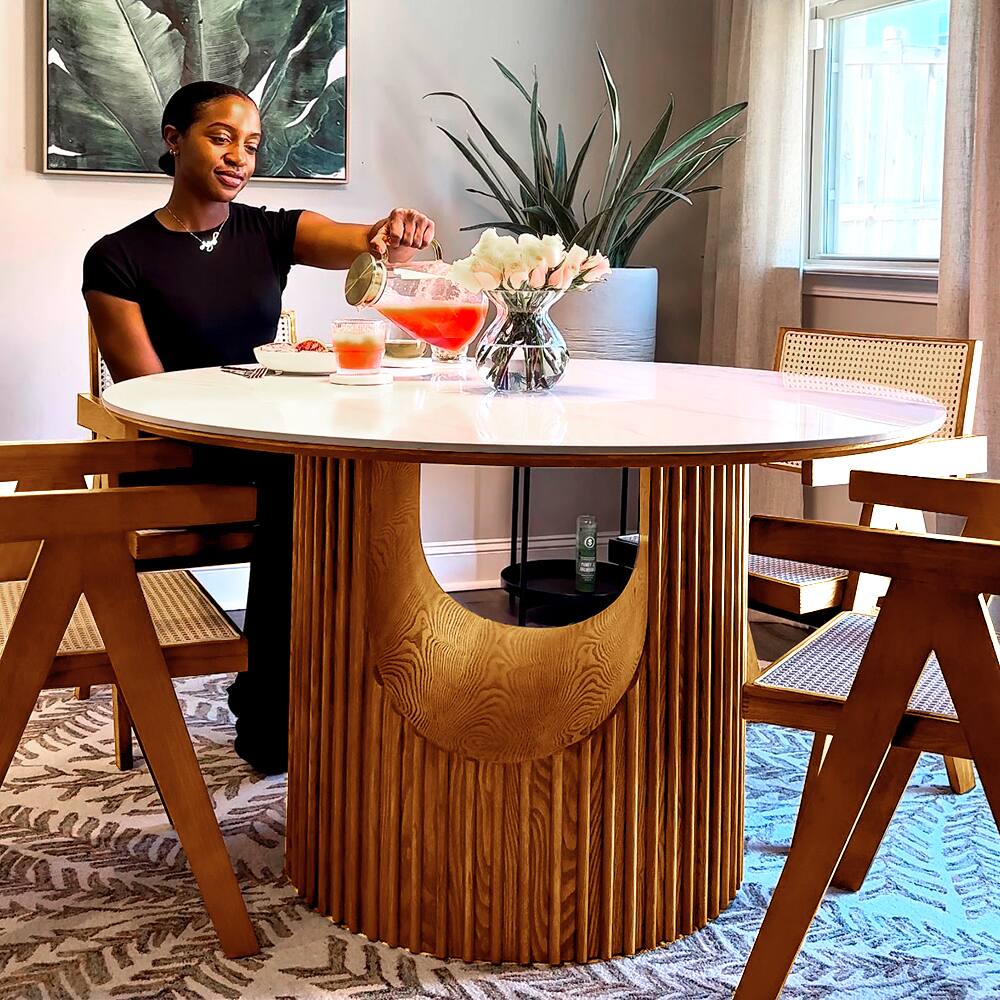 Left. POVISON - Mid-Century Modern Solid Wood Rattan Dining Chairs Set of 2 Armchairs for Kitchen & Bedroom, Light Walnut & Khaki - Light Walnut & Khaki.