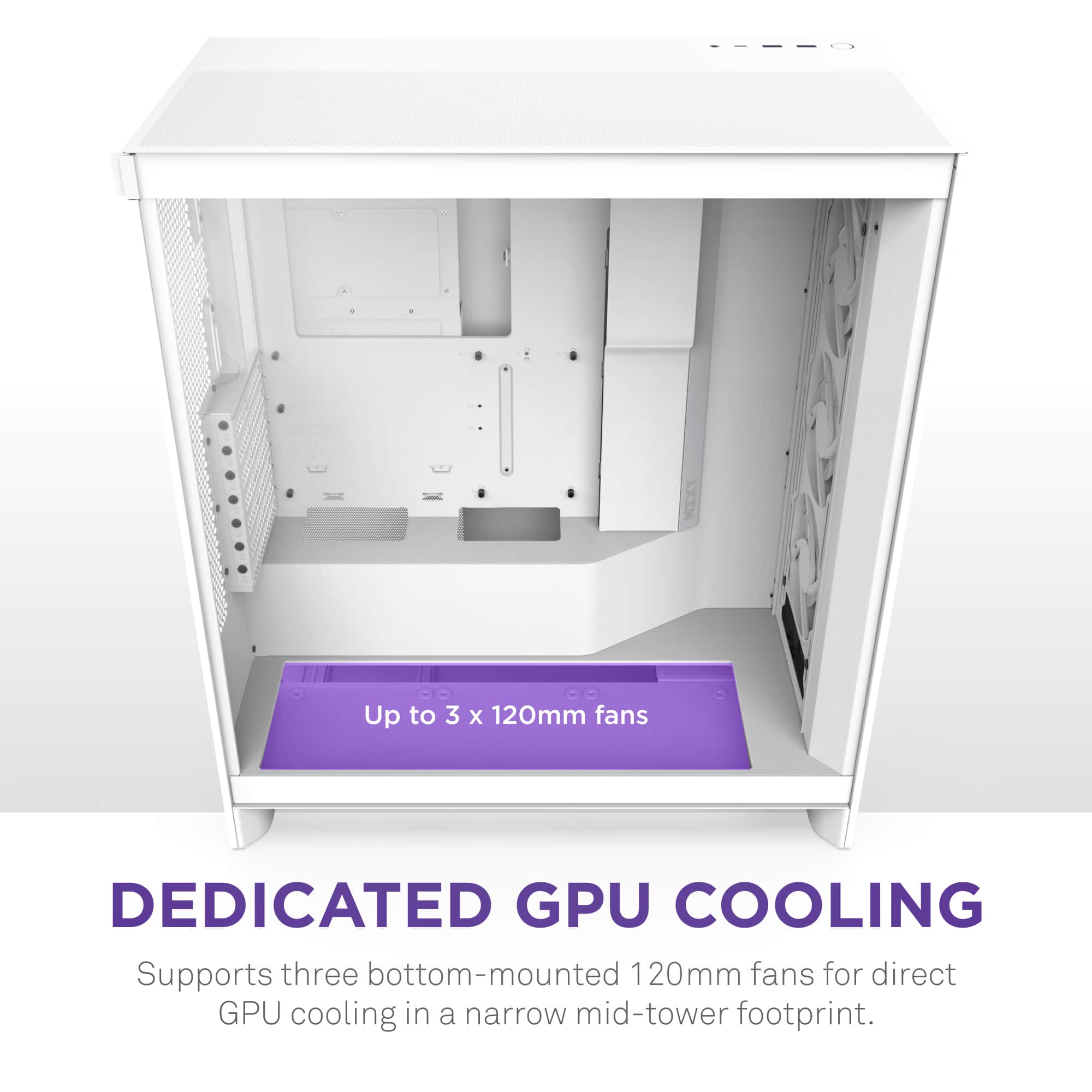 Up to 3 X 120mm fans DEDICATED GPU COOLING Supports three bottom-mounted 120mm fans for direct GPU cooling in a narrow mid-tower footprint.