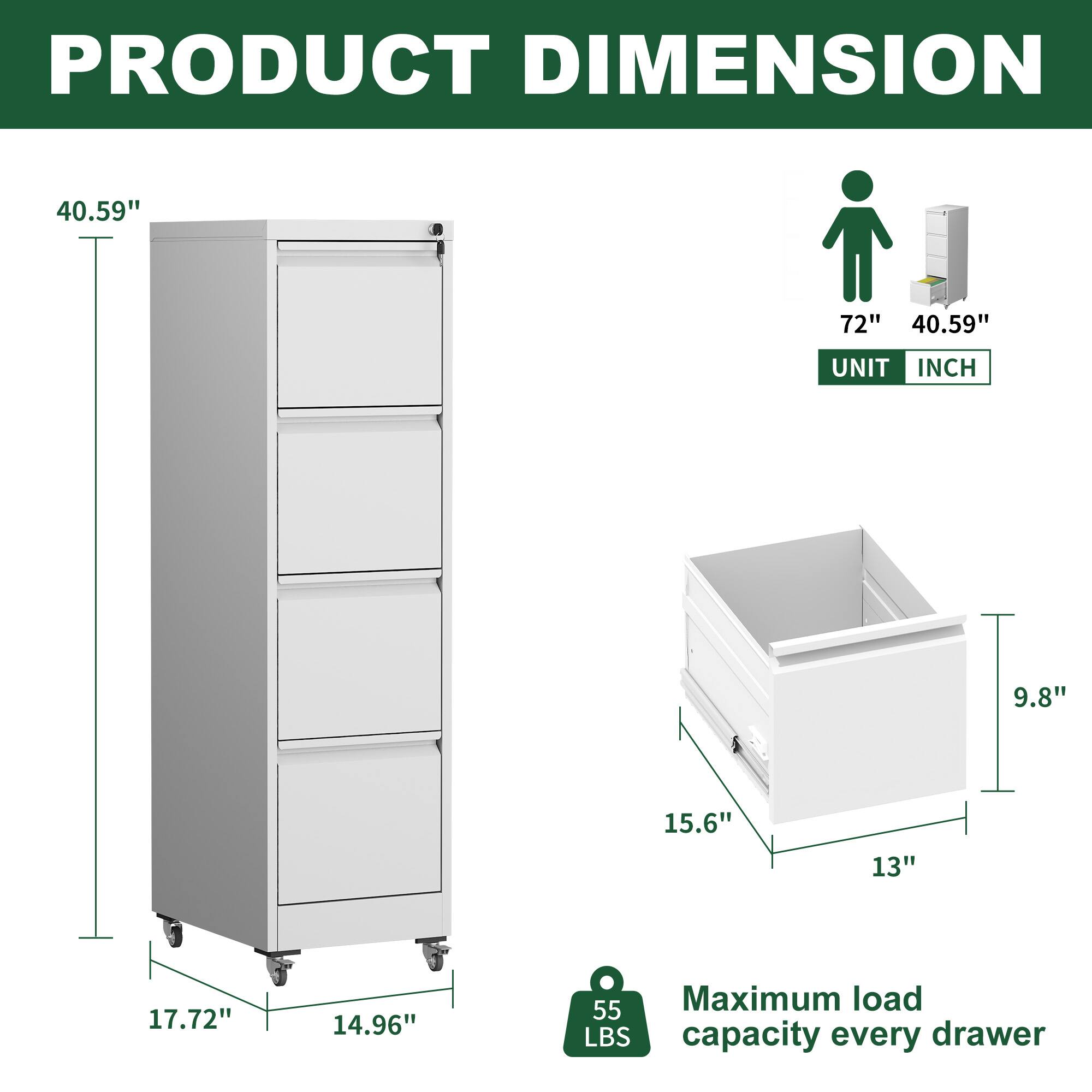 **PRODUCT DIMENSION**

- Height: 40.59"
- Width: 17.72"
- Depth: 14.96"

**Drawer Dimensions:**
- Width: 15.6"
- Depth: 13"
- Height: 9.8"

**Maximum load capacity every drawer:** 55 LBS

**Unit:** INCH

**Overall Dimensions:**
- Height: 72"
- Width: 40.59"