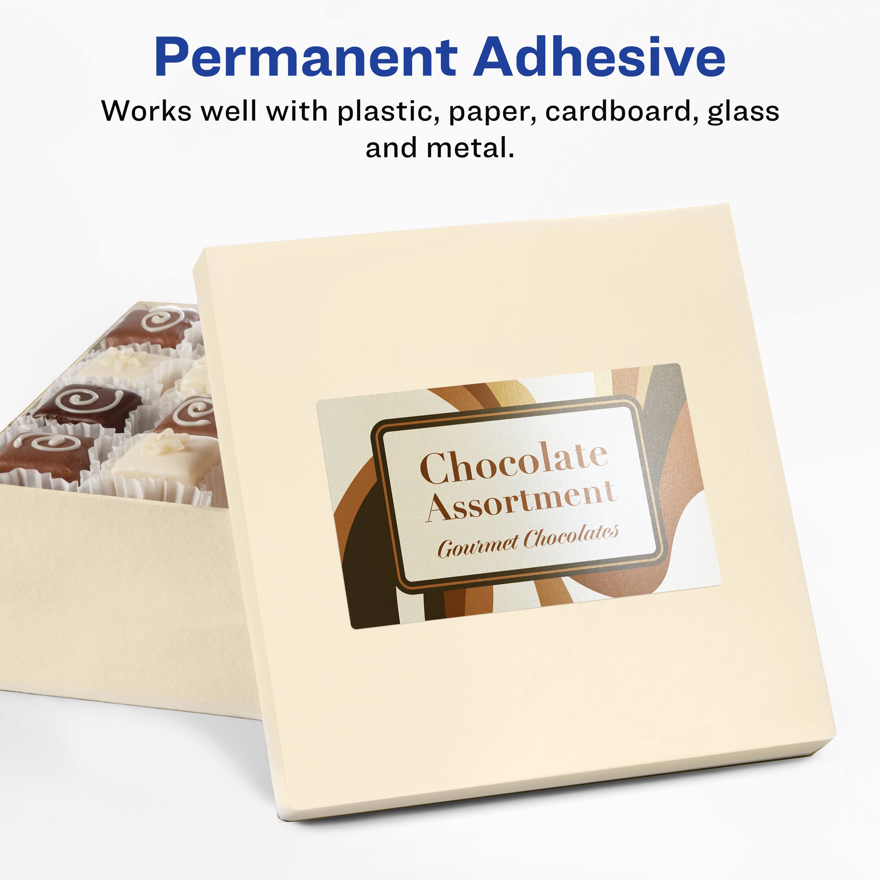 Permanent Adhesive  
Works well with plastic, paper, cardboard, glass and metal.  

Chocolate Assortment  
Gourmet Chocolates