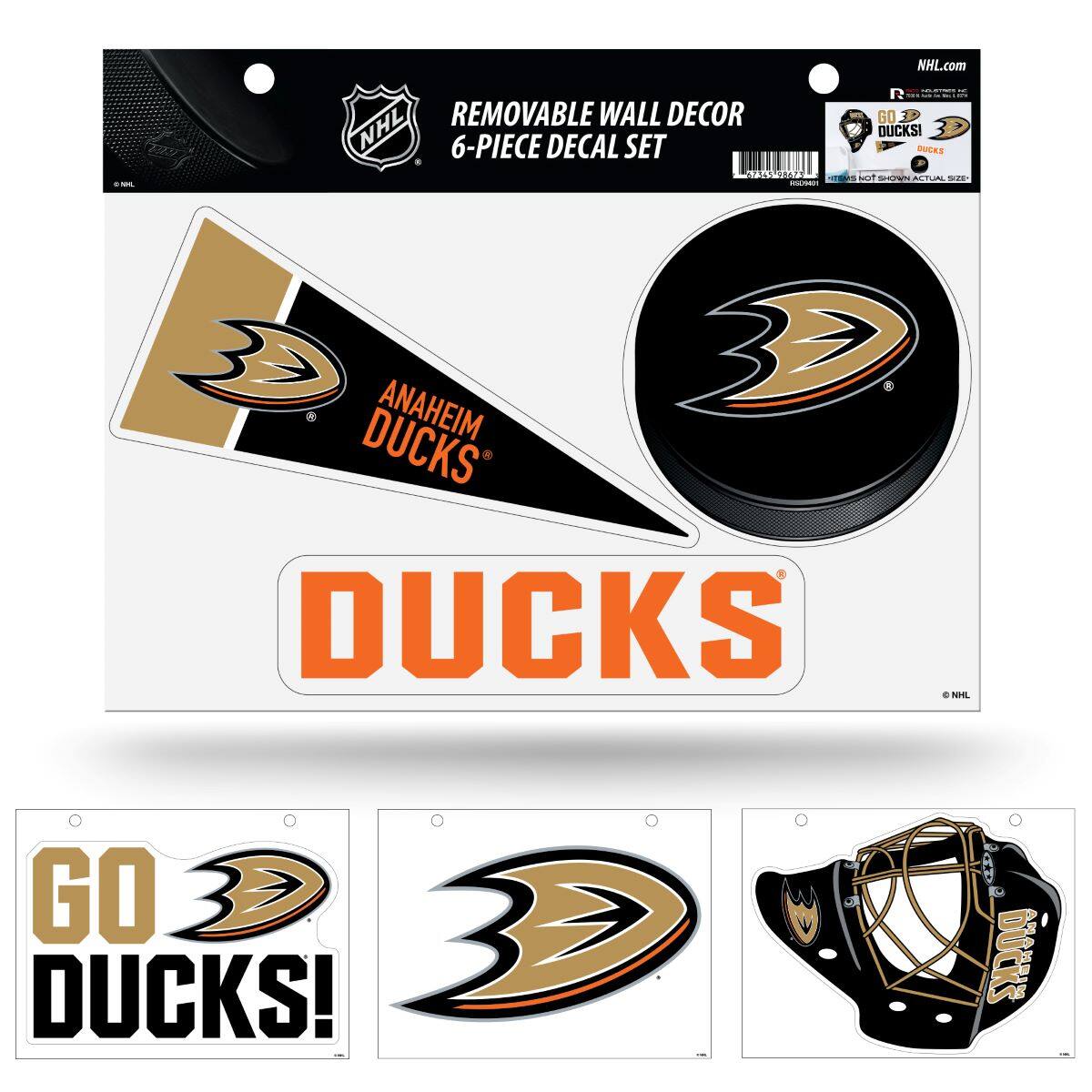 NHL.com  
REMOVABLE WALL DECOR  
6-PIECE DECAL SET  

ANAHEIM DUCKS  
DUCKS  

GO DUCKS!  
DUCKS  

DUCKS  

GO DUCKS!  
DUCKS